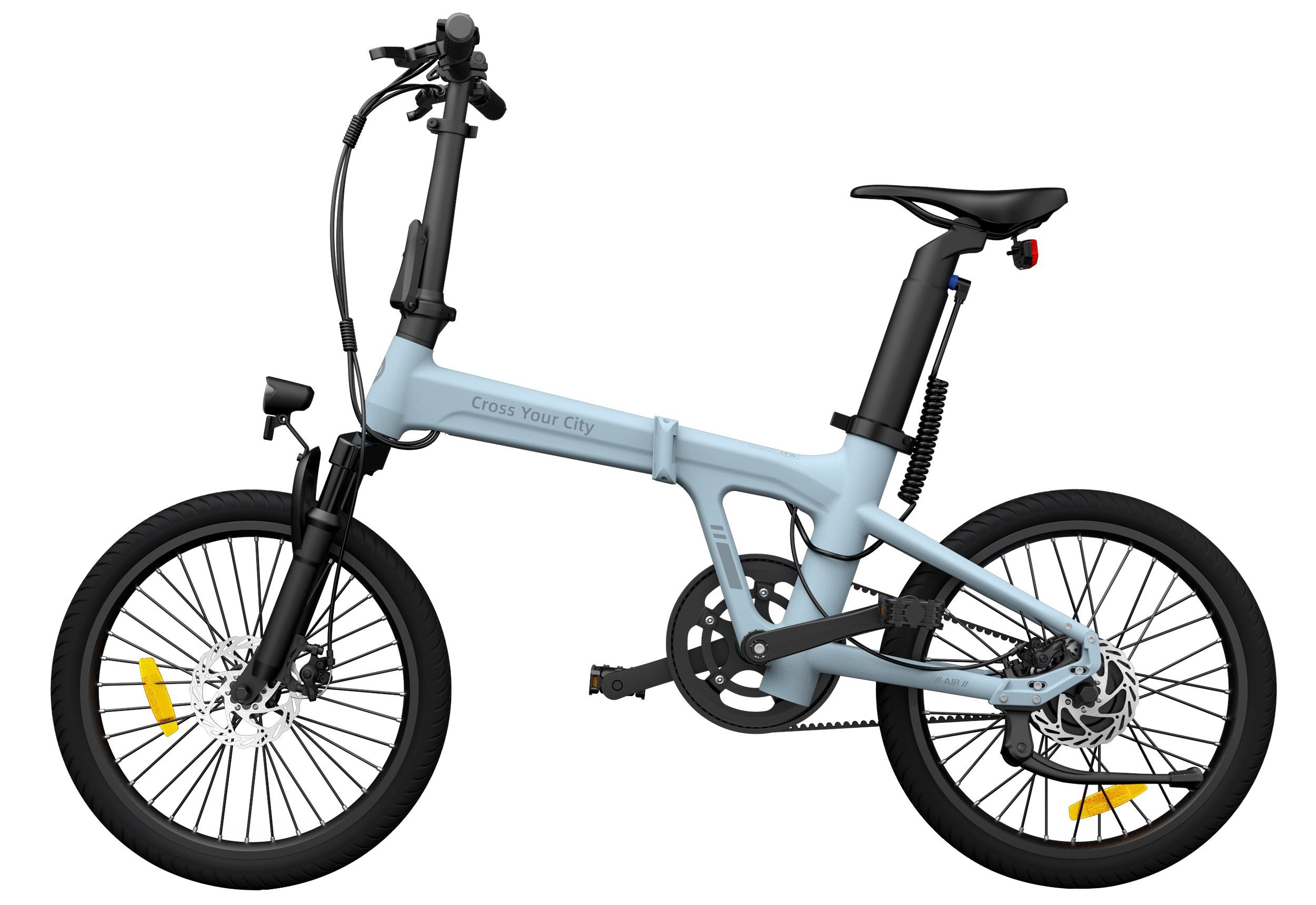 E-Fahrrad Faltbar, 20S ebike Riemenantrieb,Citybike, Hintermotor, Handyhalter E-Bike Damen/Herren,StVZO Grau+Blau 2× Air ADO +Fingerabdruck-Schloss, 1 Gang, mit klapprad