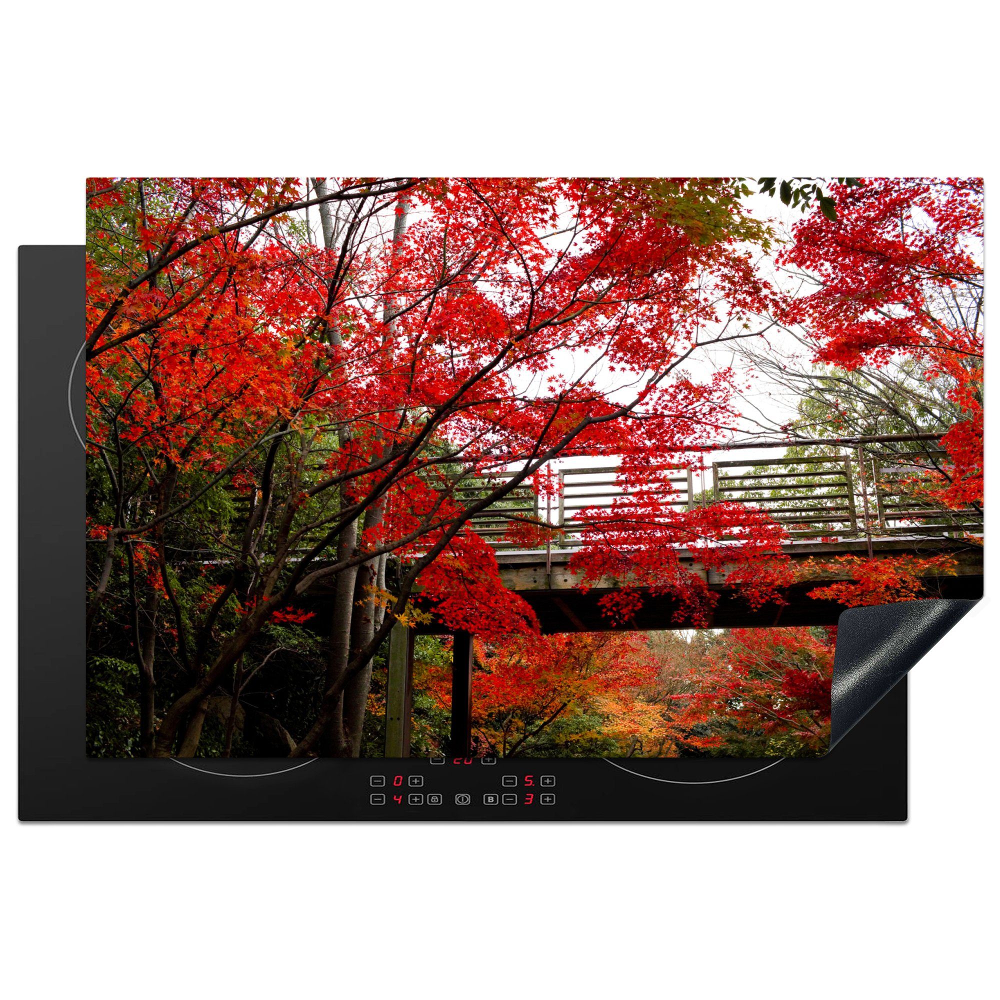 81x52 die Induktionskochfeld mit einen MuchoWow cm, küche, japanischen Schutz Brücke Ceranfeldabdeckung für Park durch Vinyl, (1 tlg), Ahornbäumen, Herdblende-/Abdeckplatte