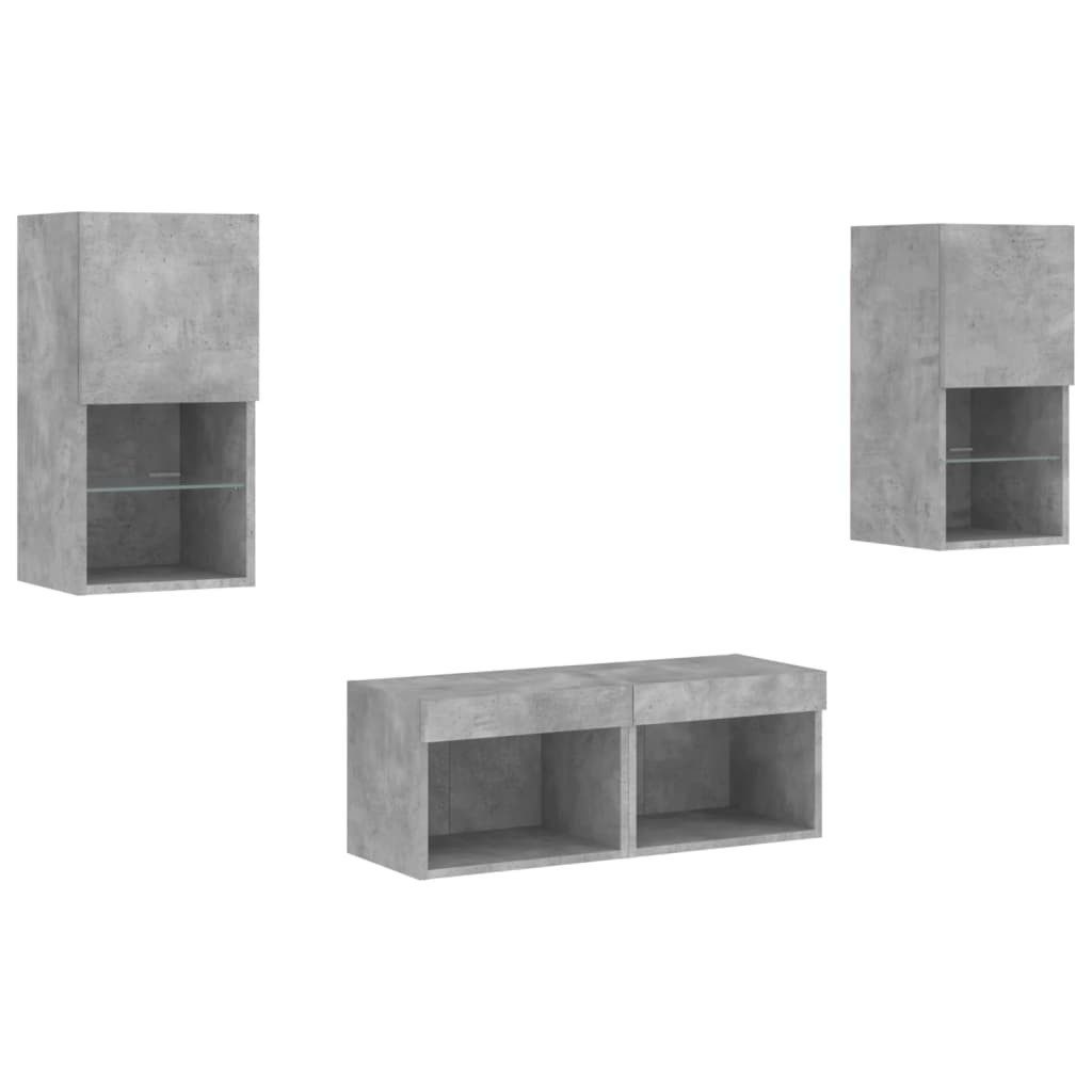 TV-Wand 4-tlg. TV-Wohnwand mit LED-Leuchten Betongrau