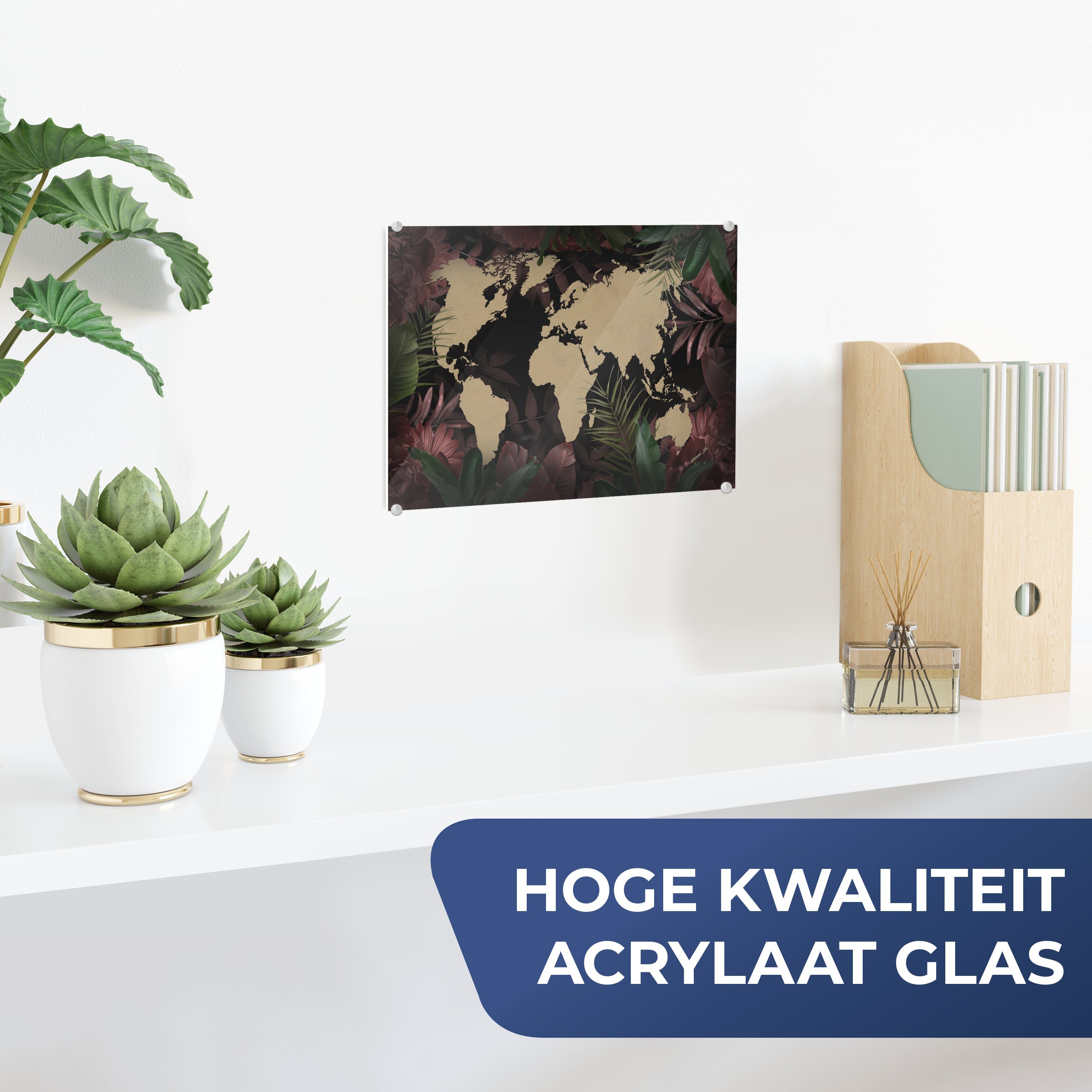 Foto Glas Weltkarte Glasbilder Wandbild Braun, - Acrylglasbild MuchoWow auf Tropische Wanddekoration (1 St), Glas Pflanzen Bilder - - - - auf