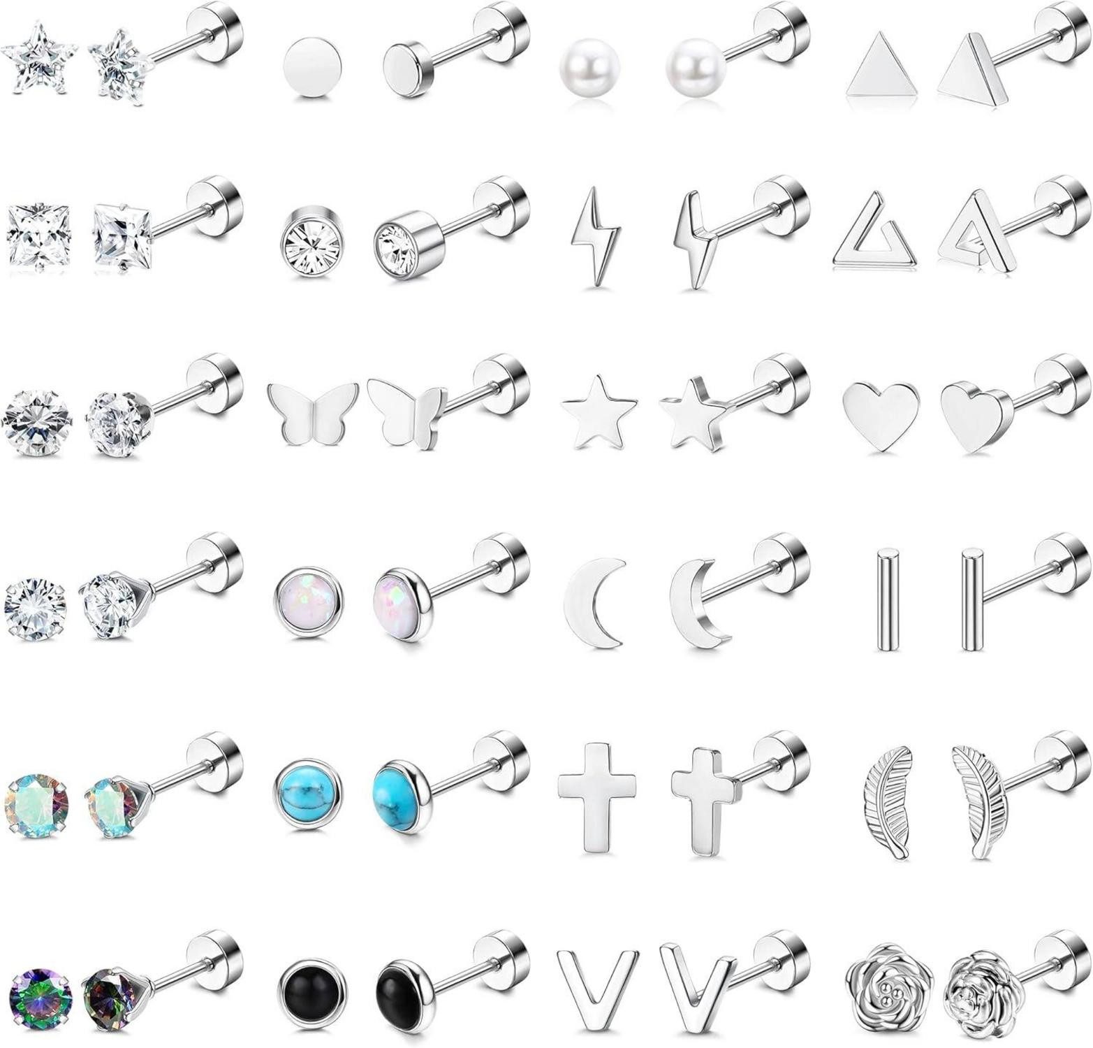 Ohrring und Ketten Set 24Pairs Kleine Ohrstecker Damen Set Chirurgenstahl Zirkonia Piercing