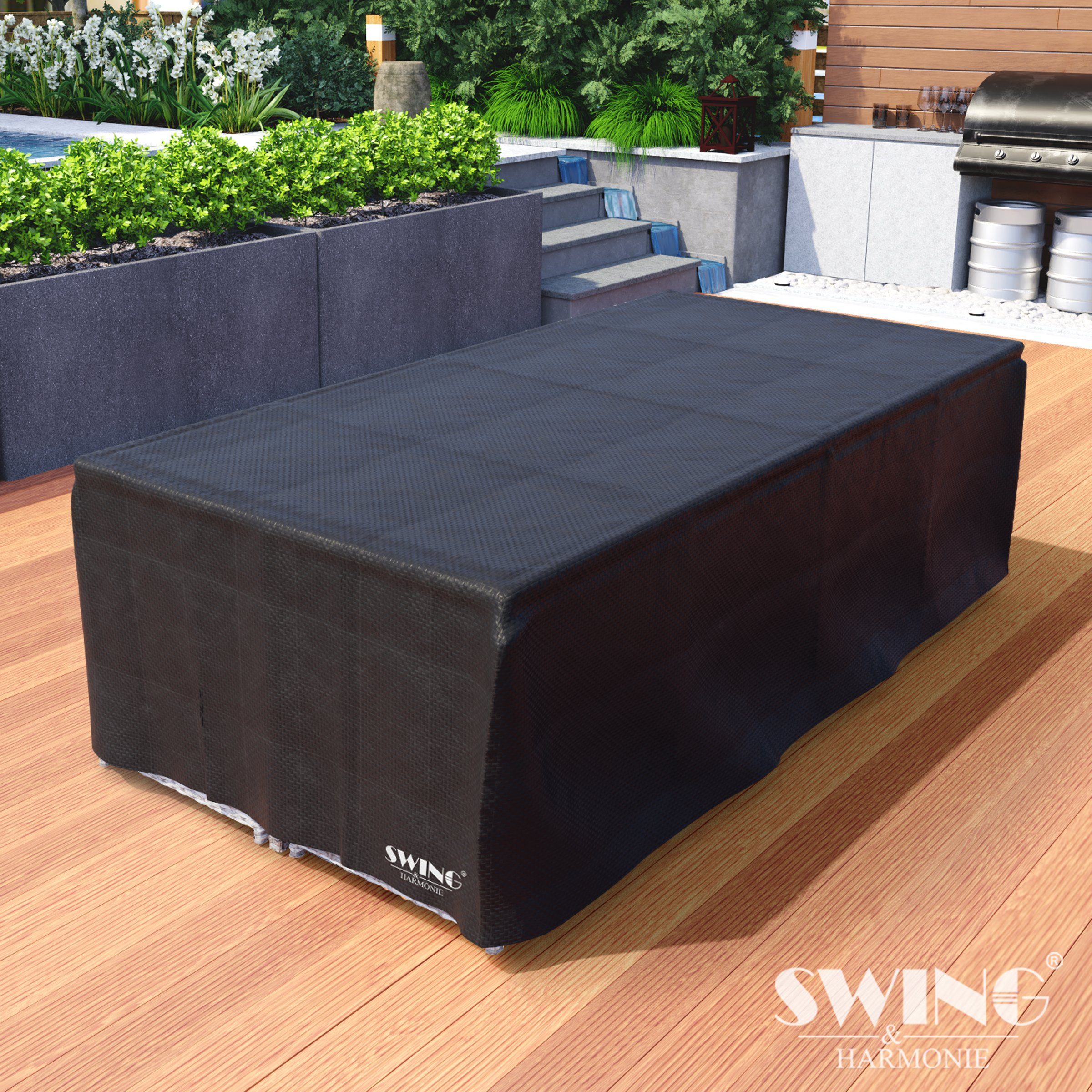 Garten-Essgruppe Lounge Sitzgruppe Poly Set schwarz Garnitur Swing&Harmonie Gartenmöbel Rattan Stühle, Hocker Esstisch Tisch, Sitzgarnitur