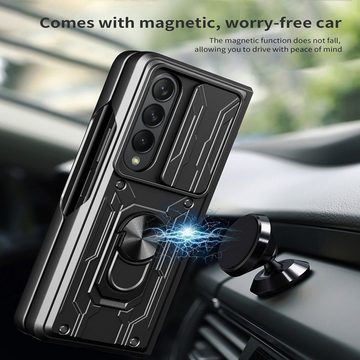 Wigento Handyhülle Für Samsung Galaxy Z Fold4 5G Magnet Ring Vollschutz Kunststoff Hart Cover Handy Tasche Hülle Etuis Grau