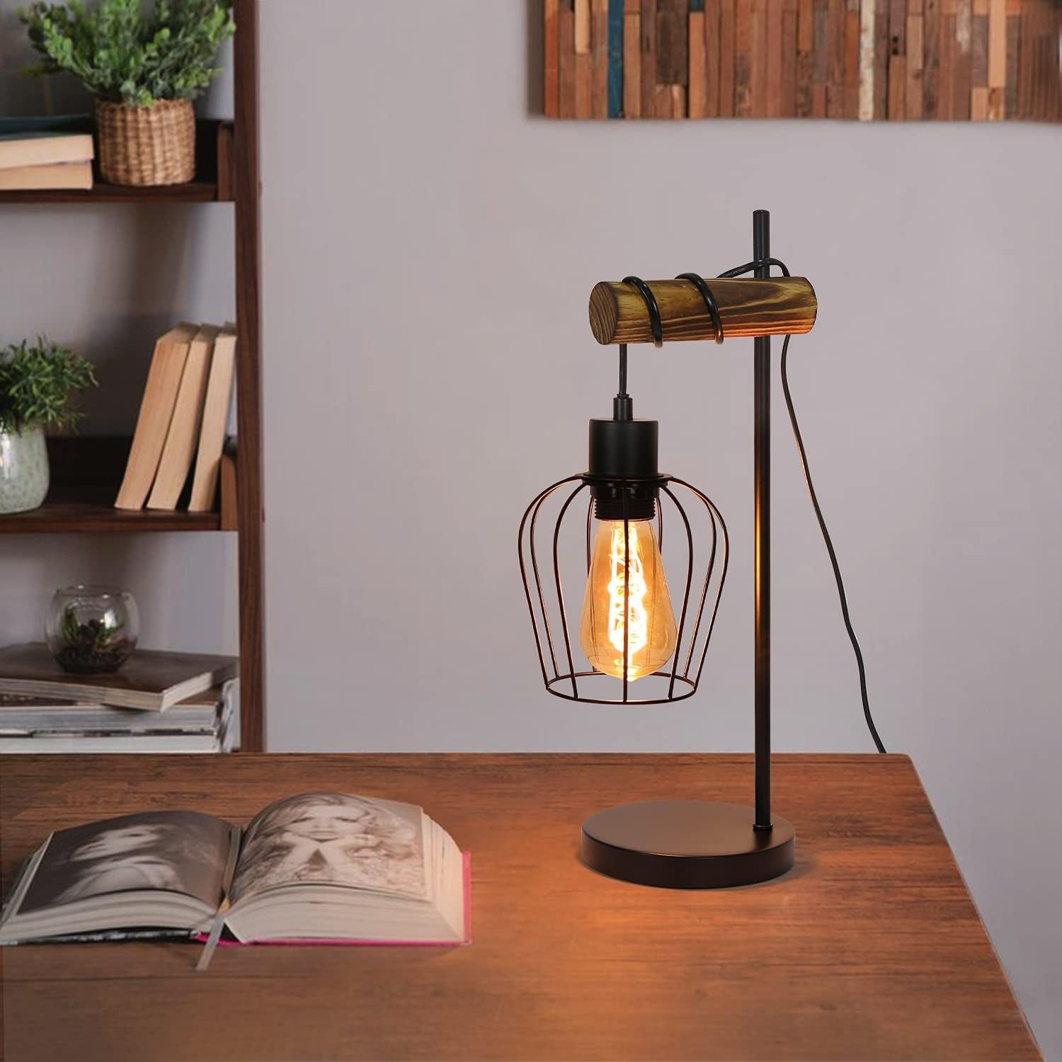 Nettlife Tischleuchte Vintage Industrie Metall Holz Schwarz E27 50cm Retro Nachttischleuchte, mit Kippschalter, LED wechselbar, ohne Leuchtmittel, Wohnzimmer Schlafzimmer Kinderzimmer Esszimmer