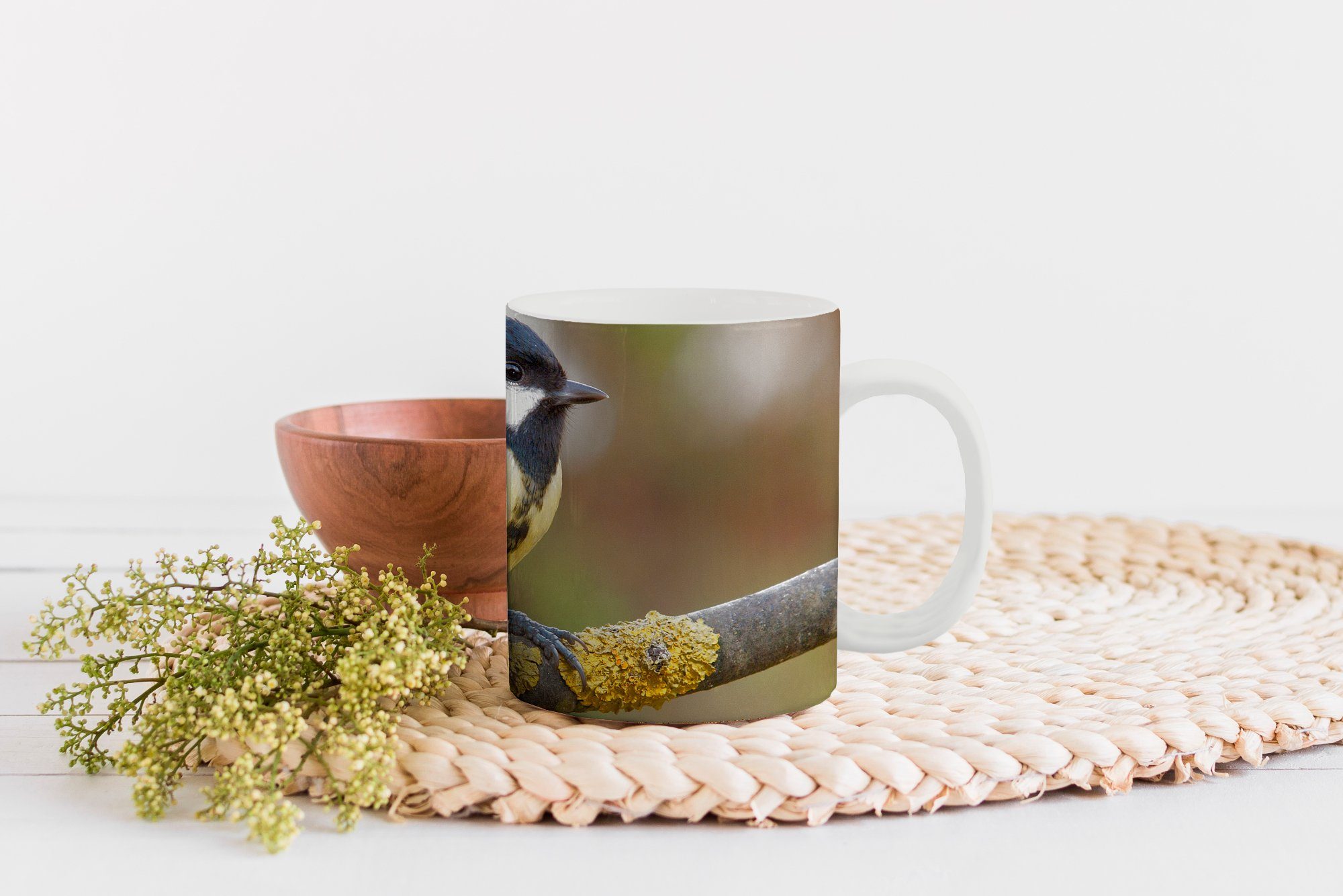 Geschenk Teetasse, Ast Kohlmeise einem Kaffeetassen, Moos, Keramik, Teetasse, auf Tasse Eine Becher, MuchoWow mit