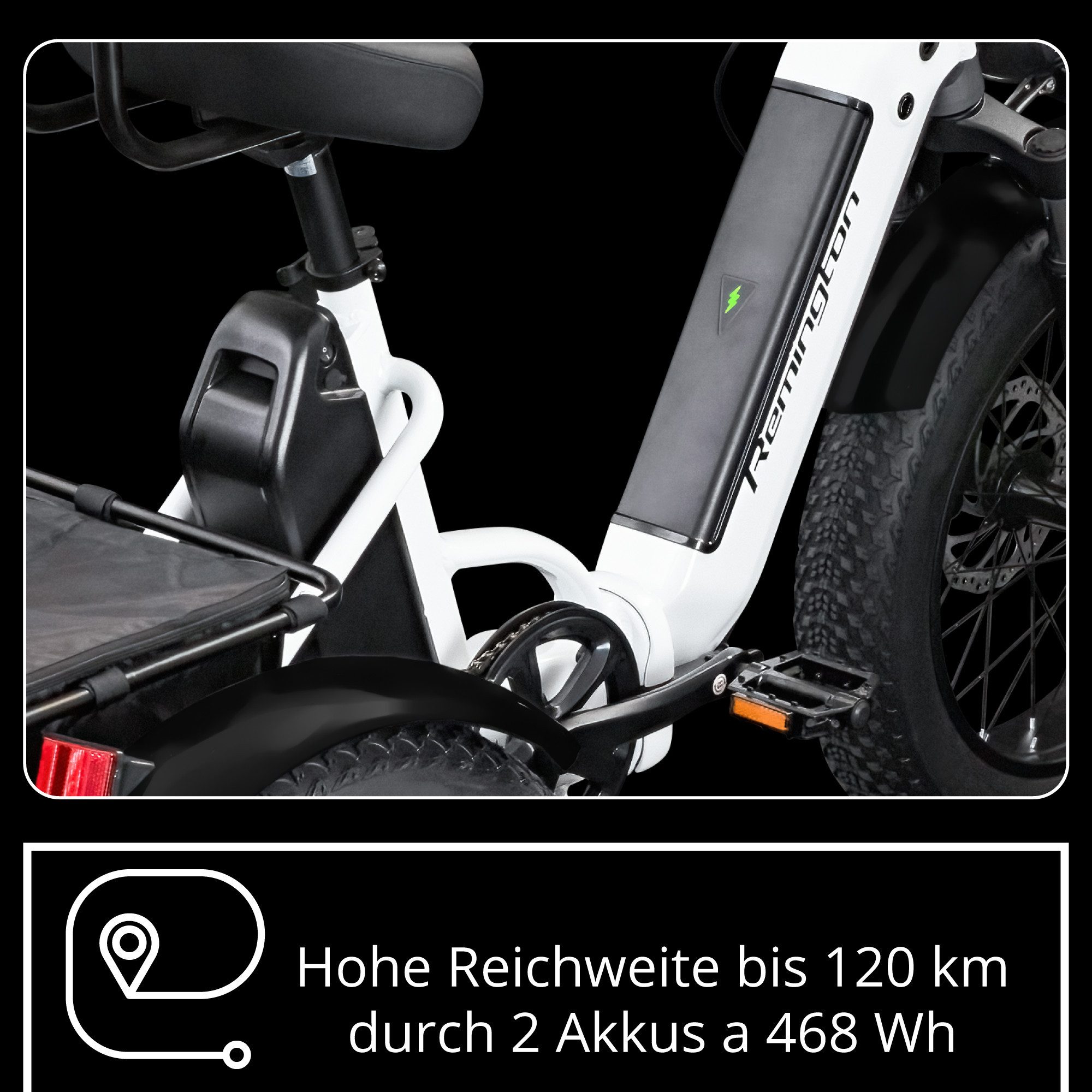 Remington E-Bike Dreirad R100, 7 Gang Shimano TY300 Schaltwerk, Kettenschaltung, Heckmotor, 468 Wh, E Bike Elektro Dreirad 20 Zoll Elektrodreirad 2 Akkus 120km