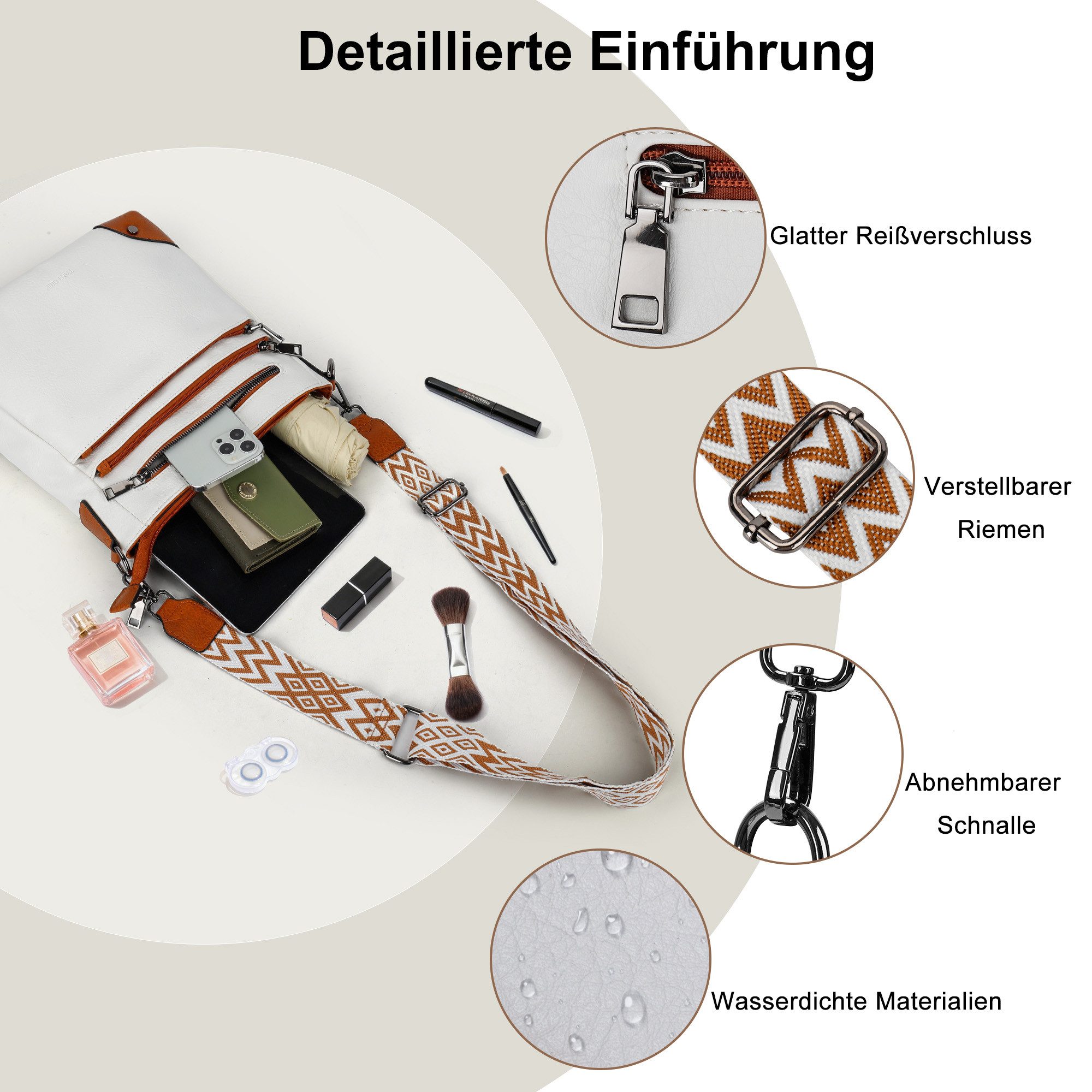 TAN.TOMI Umhängetasche Damen Mittelgroß Schultertasche Mehrere Taschen Crossbody Bag, Mit Verstellbarem Gurt für Schule Arbeit Reisen Ausflug Einkauf