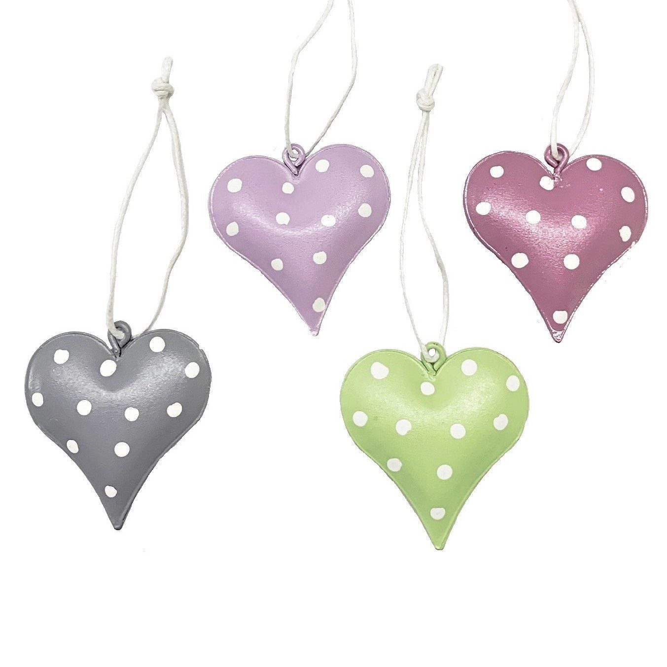 Dragimex Hängedekoration Metall Herz mit Faden, Herzhänger, Set 4x 4cm. Grau Grün Rosa Hellrosa