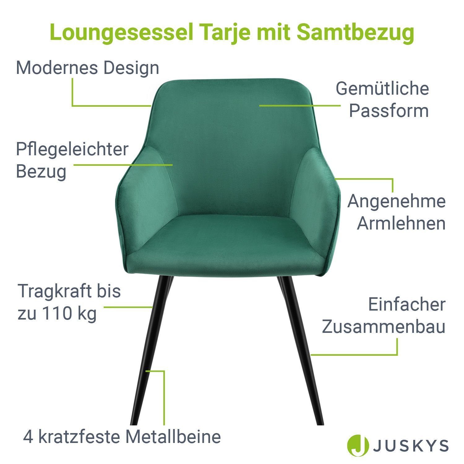 Juskys Samtbezug, Passform, Loungesessel gemütliche Grün Tarje, Metallbeine | mit kratzfeste Grün