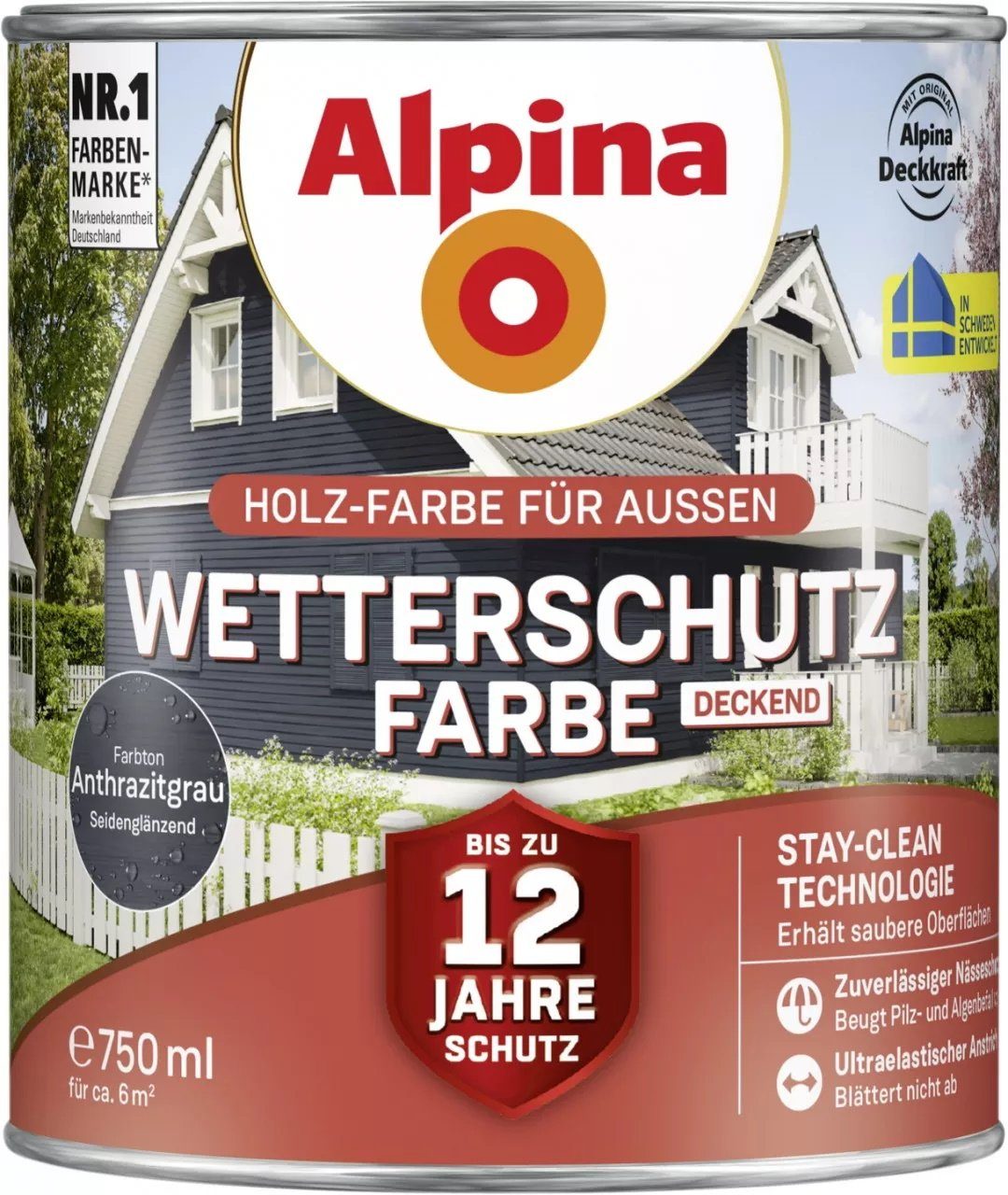 Alpina Wetterschutzfarbe Holzfarbe für außen deckend Anthrazitgrau 750 ml