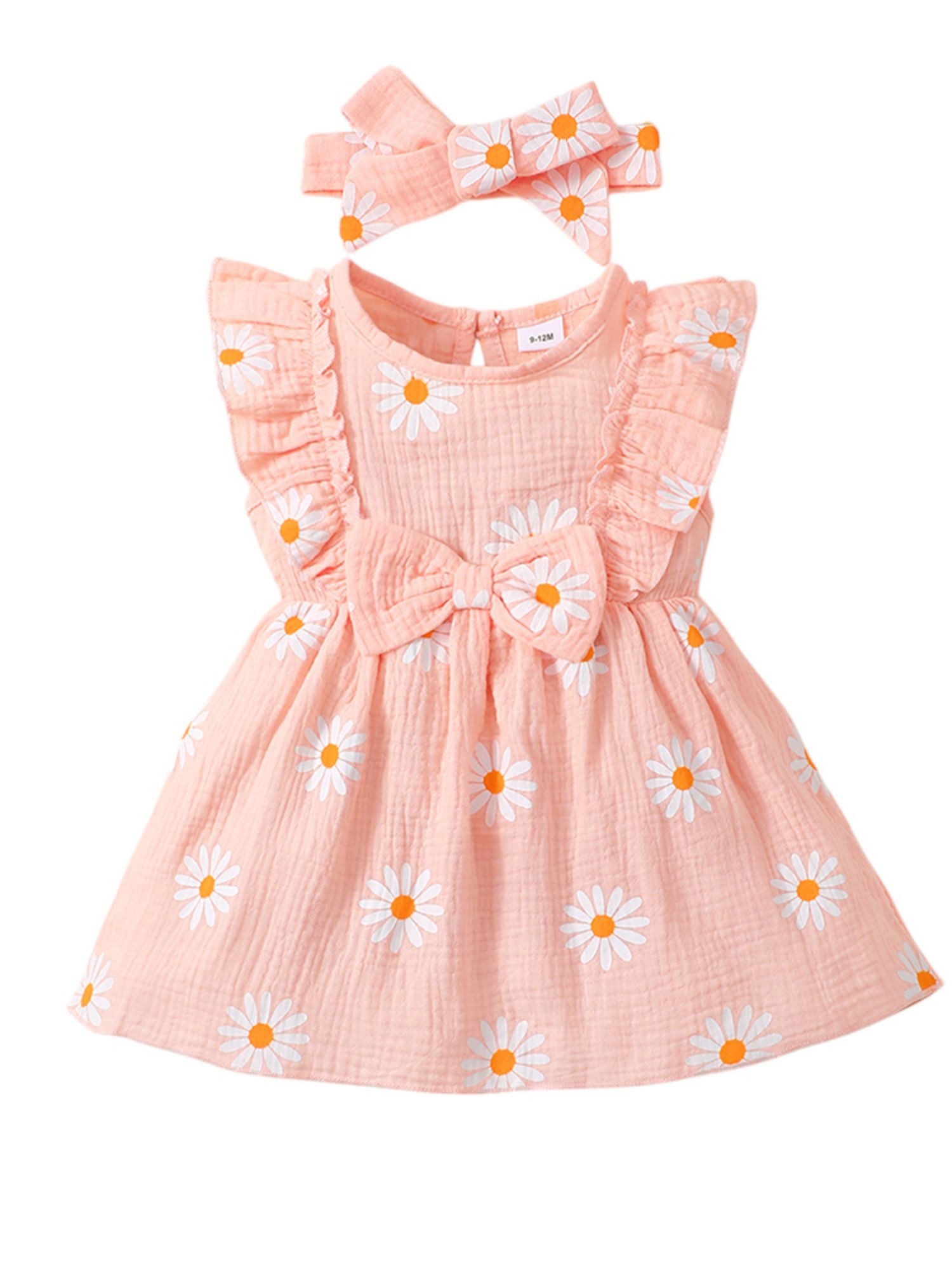 Lapastyle A-Linien-Kleid Ärmellos Baby-Sommerkleid, Strandkleid mit Blumendruck & Stirnband (Set, 2-tlg) Neugeborene Outfit Set, Lässiges Partykleid aus Baumwolle mit Rüschen