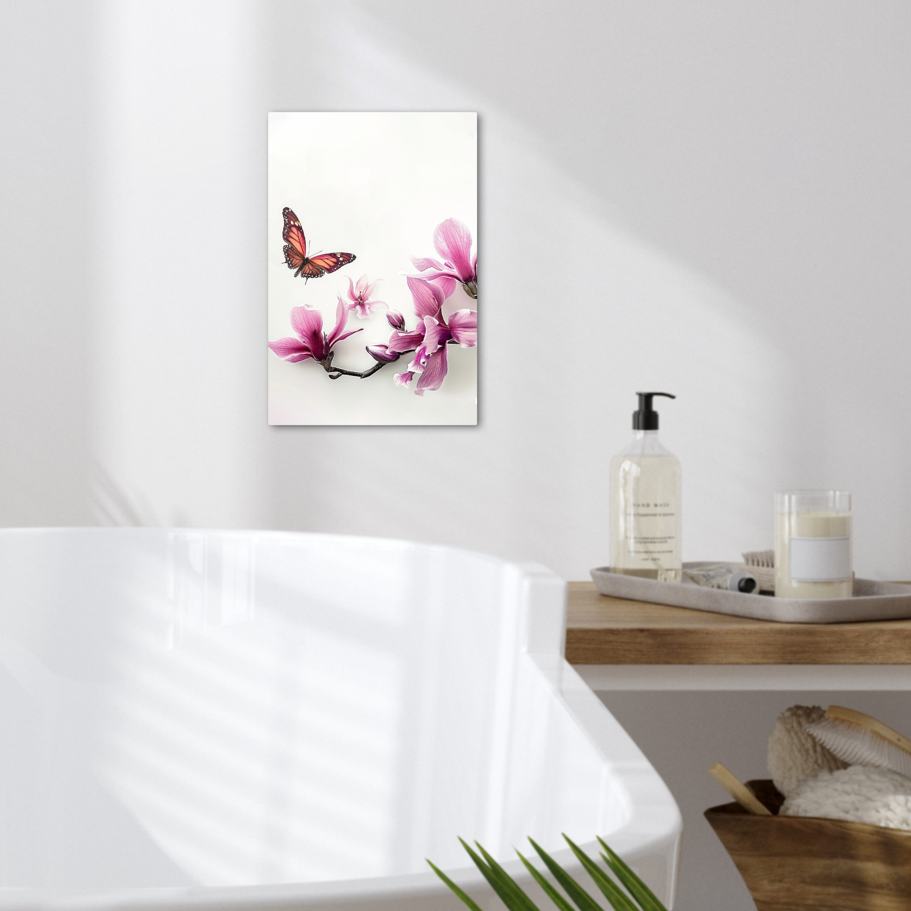 OneMillionCanvasses® Leinwandbild Blüte - Schmetterling - Rosa - Natur - Weiß, Fotodruck (1 St), Badezimmer Deko, Bilder WC, Toilette Wanddeko 20x30 cm