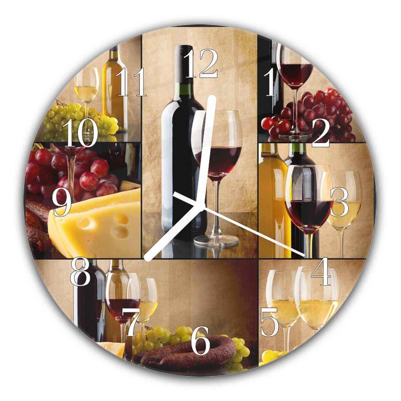 Primedeco Wanduhr Wanduhr aus Glas mit Motiv Rotweinglas und Flasche - Rund mit Durchmesser 30 cm und Quarzuhrwerk