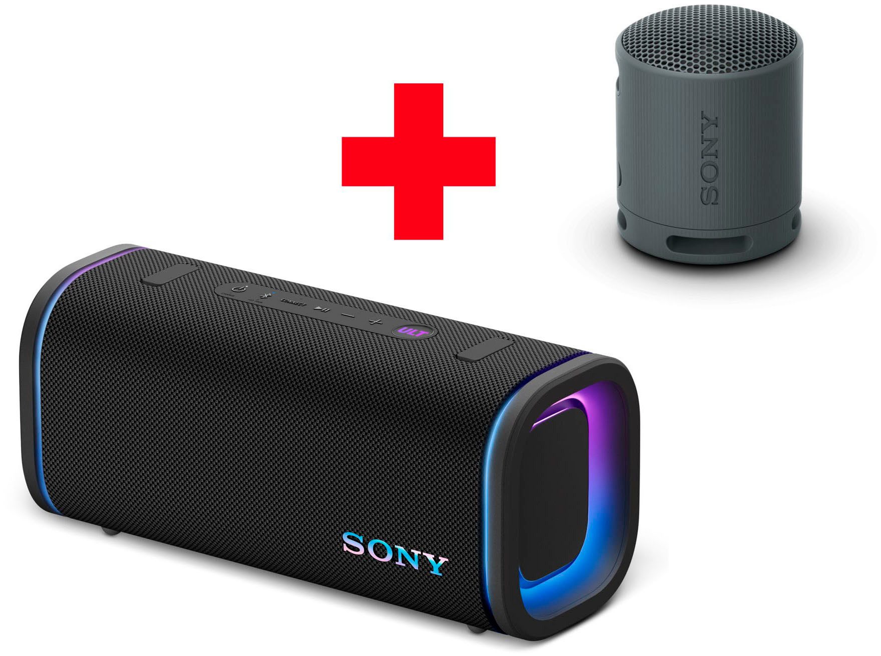 Sony ULT FIELD 5 + SRS-XB100 Bluetooth-Speaker Stereo (A2DP Bluetooth, Bluetooth, AVRCP Bluetooth, 30 W, 2er Set Bluetooth-Lautsprecher, 25h-Akku, IP67, wasserdicht, 360° LED)