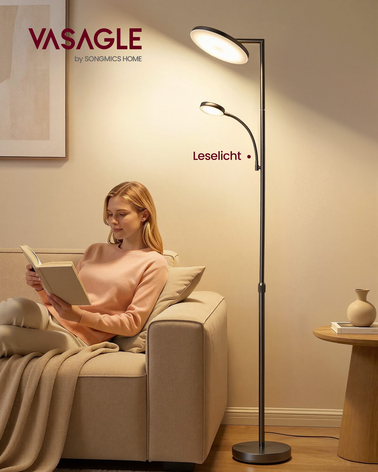 VASAGLE Stehlampe LED-Stehleuchte, drehbarer Lampenkopf, Standleuchte 30/36/42W, Leselampe, Timer, Tasten- und Fernbedienung