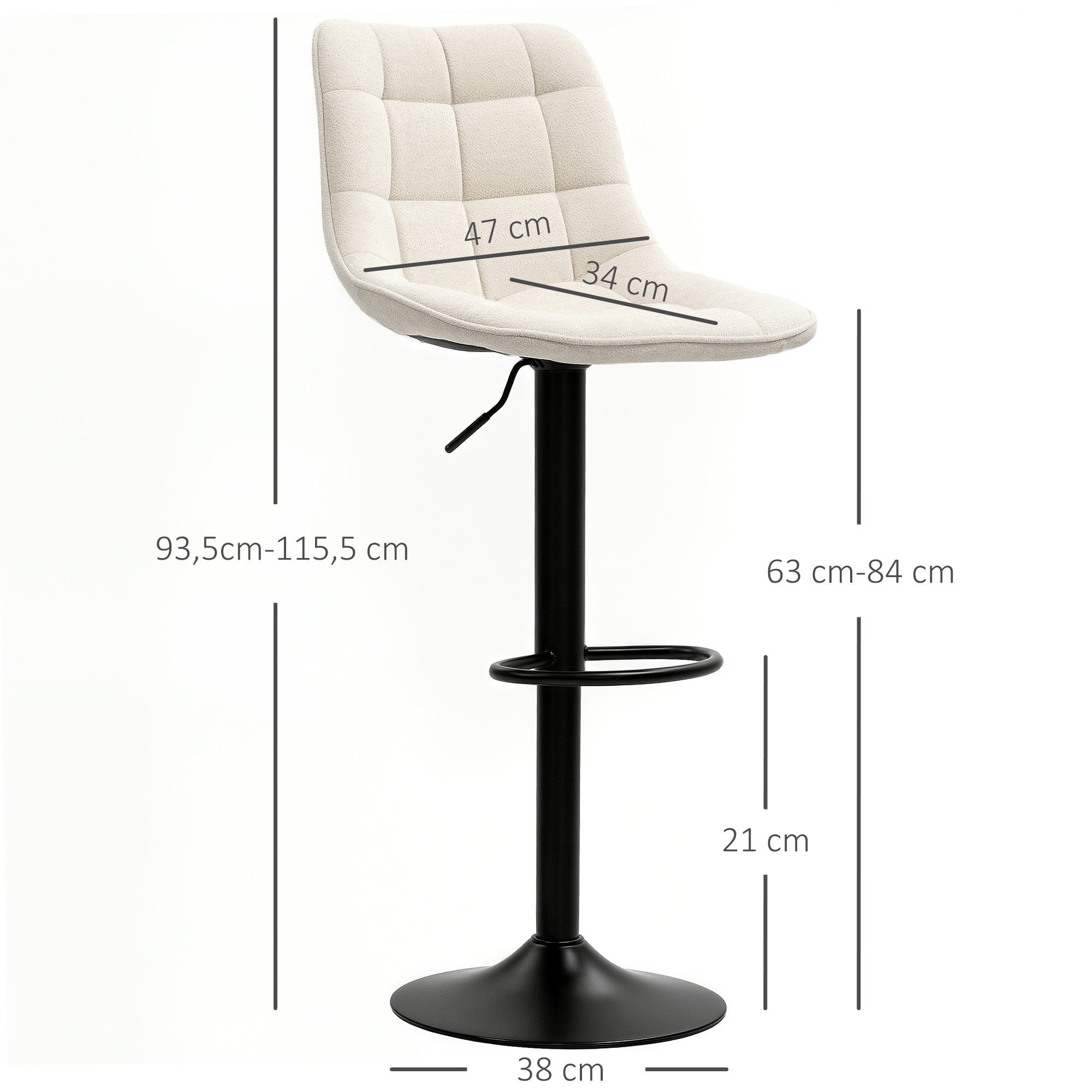 HOMCOM Barhocker mit Lehne, Stahlgestell, Chenille-Optik (Höhenverstellbare Küchenstühle mit Fußstütze, 2 St., Gepolstert Barstuhl), Drehbar Tresenhocker für Küche, Wohnzimmer Beige