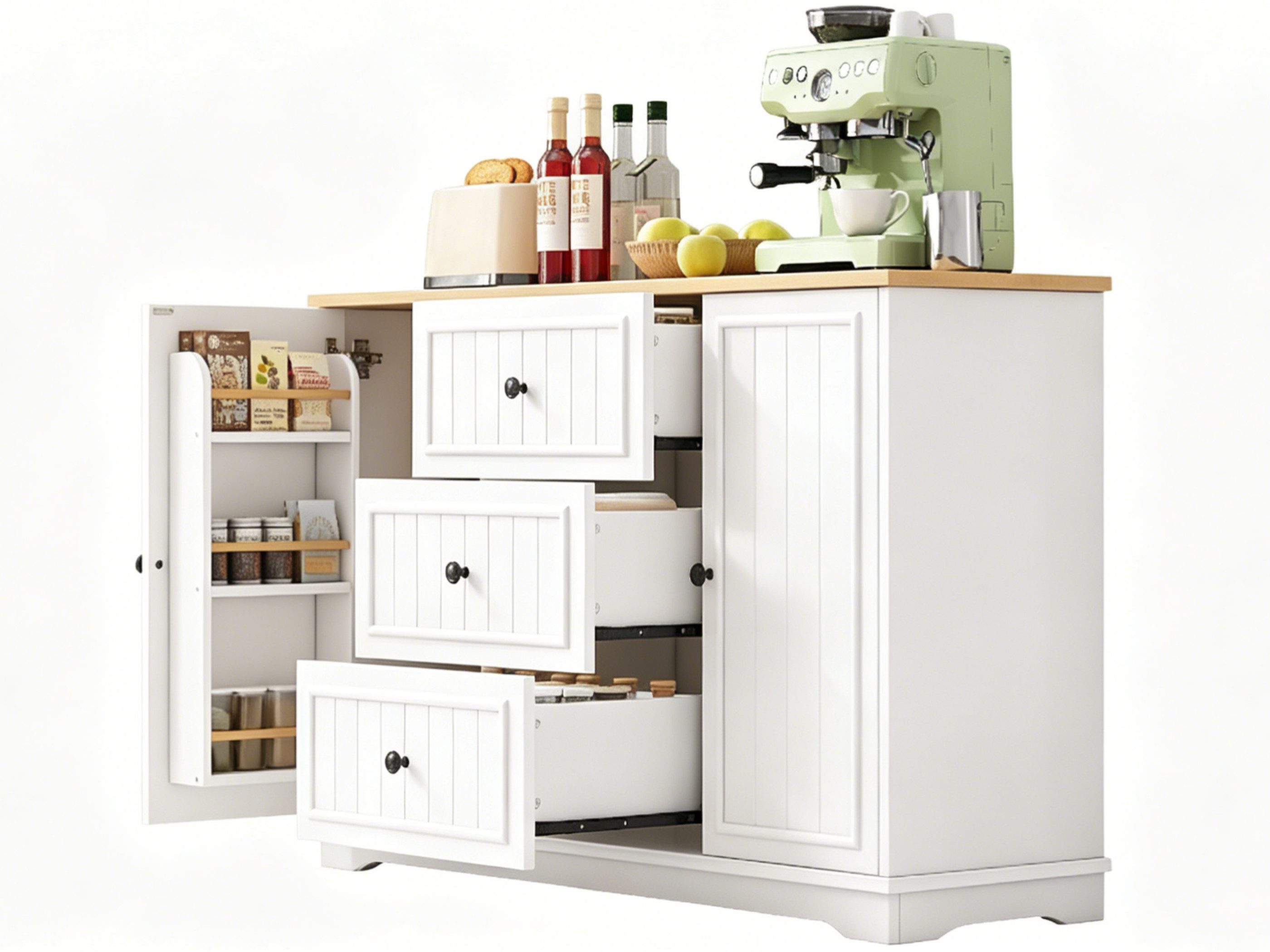 SeedWave Buffet Vielseitiges Küche Sideboard 126cm mit Schubladen & 2 Schranktüren Anrichte mit gestreiften Fronten, verstellbaren Fächern