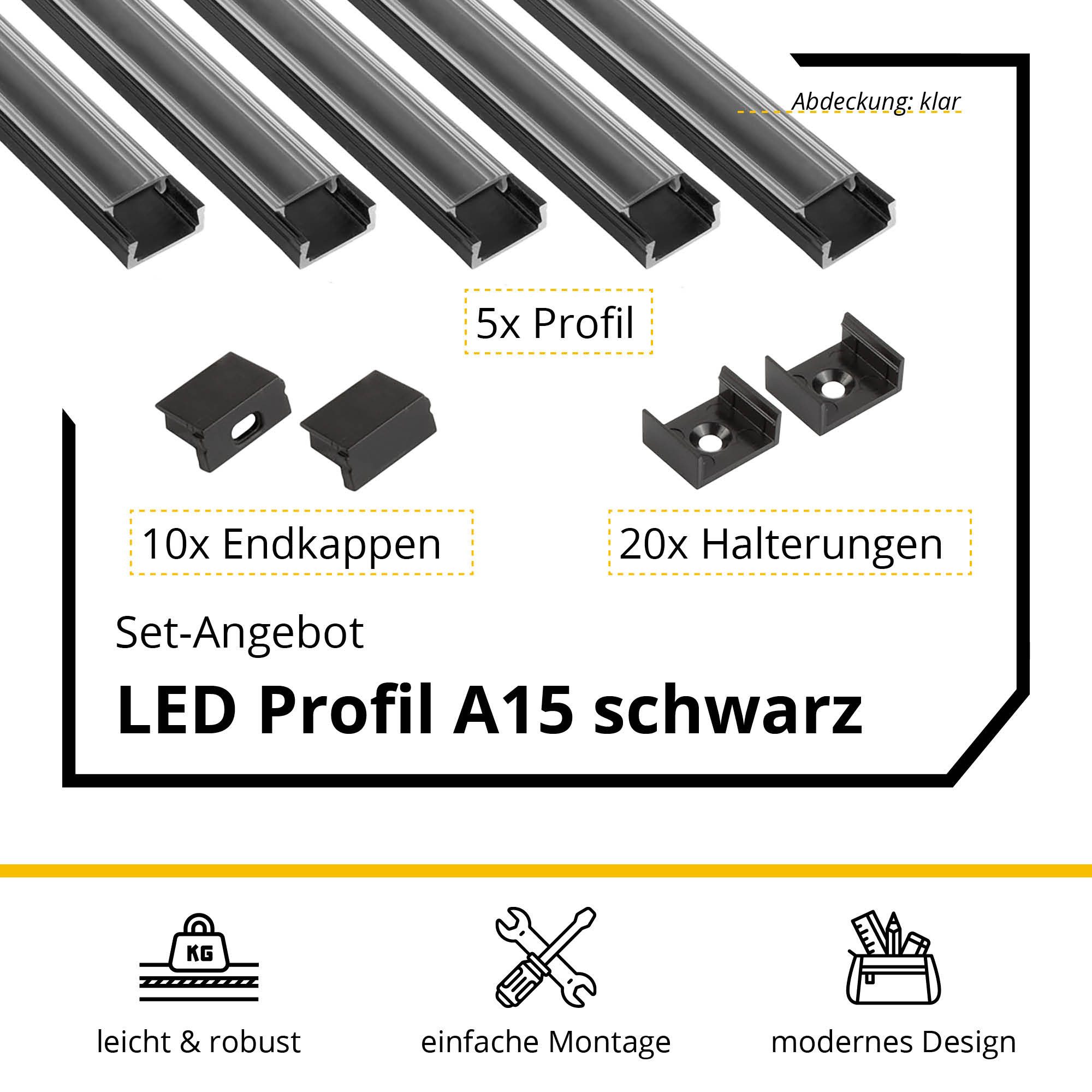 tktrading24 LED-Stripe-Profil 5x A15 LED Profil 2m - Schwarz inkl. Abdeckung, Halter & Endkappen – Bild 2 von 5