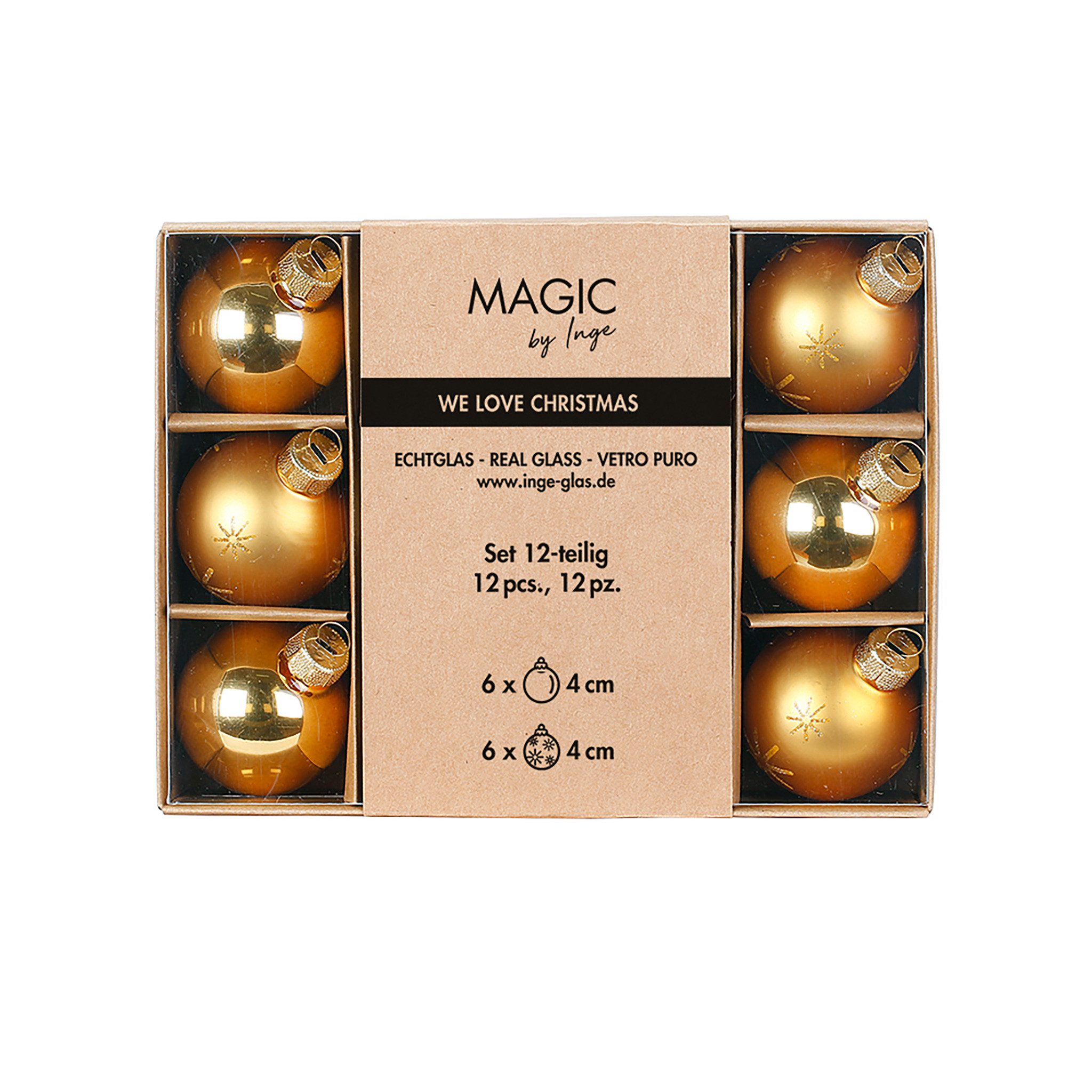 MAGIC by Inge Weihnachtsbaumkugel, Weihnachtskugeln Glas 4cm Schneeflocken Motiv 12er Set Inkagold
