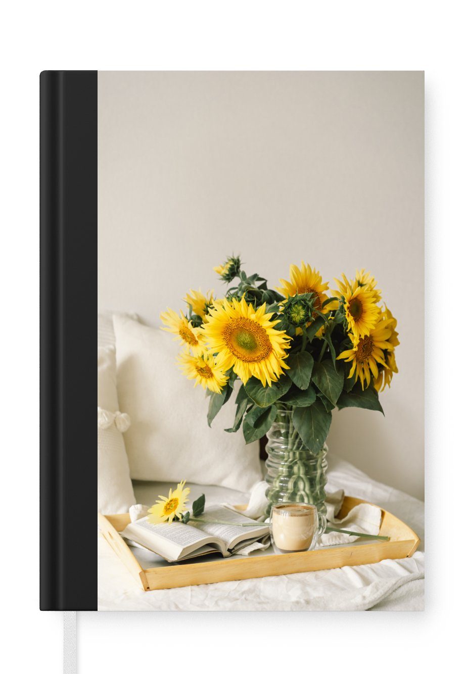 MuchoWow Notizbuch Stilleben - Tablett - Sonnenblumen, Journal, Merkzettel, Tagebuch, Notizheft, A5, 98 Seiten, Haushaltsbuch