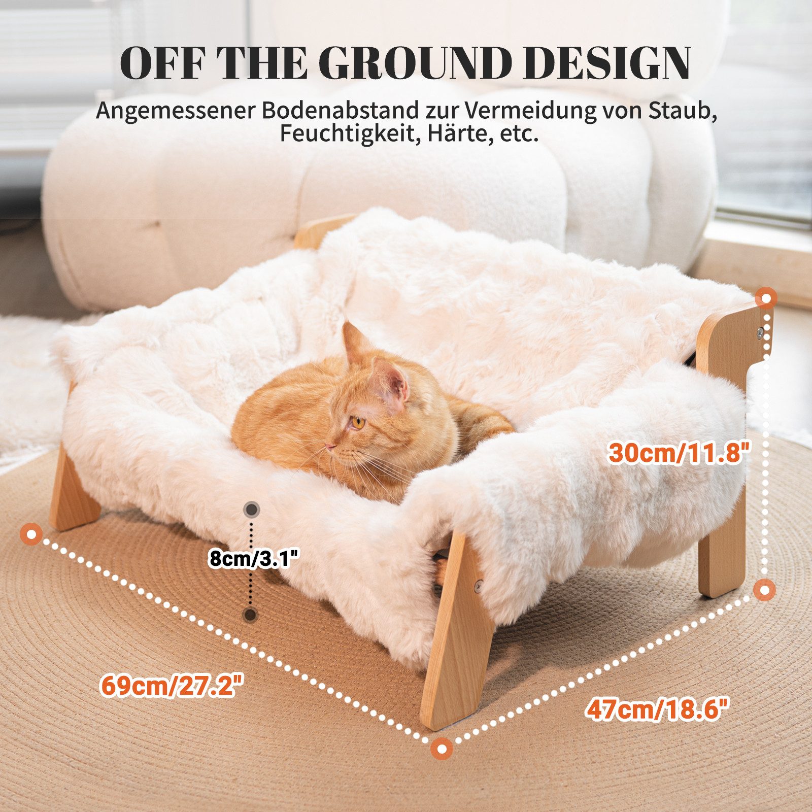 CheerPals Tierbett Erhöhtes Design aus stabilem Buchenholz für optimalen Liegekomfort, Polyesterfaser