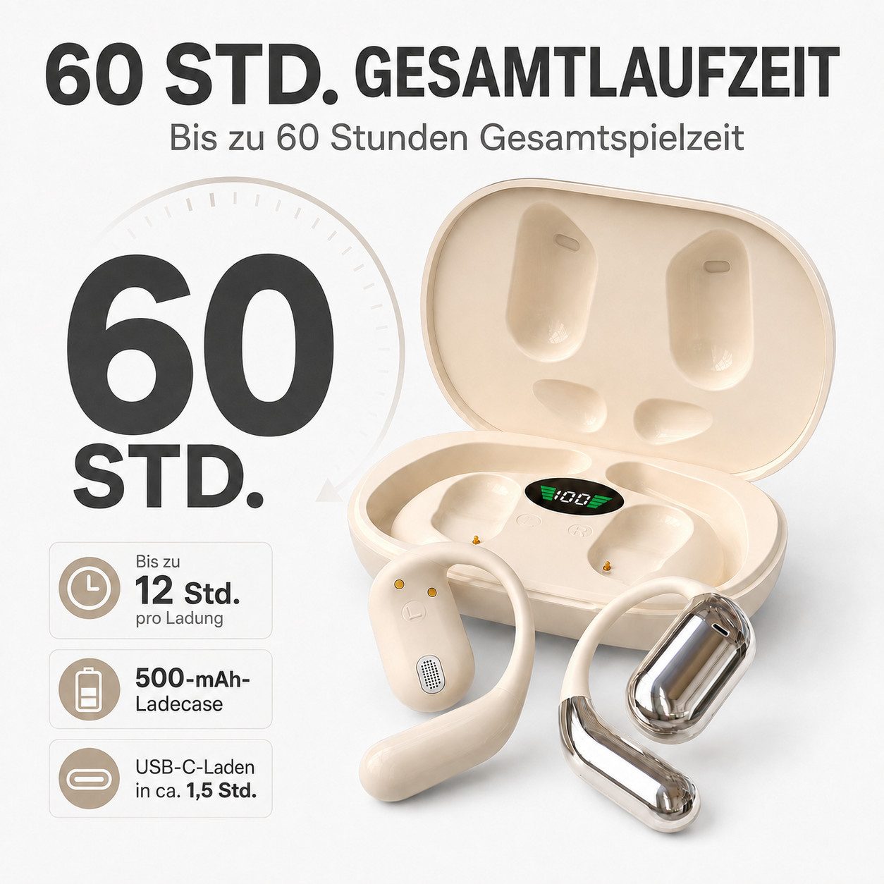 ibettertec Bluetooth Kopfhörer kabellos mit Ohrbügel Open-Ear-Kopfhörer (Sportkopfhörer mit Ohrhaken für Joggen, Fitness, Laufen und Training, 60 Std. Laufzeit, – Bild 3 von 5