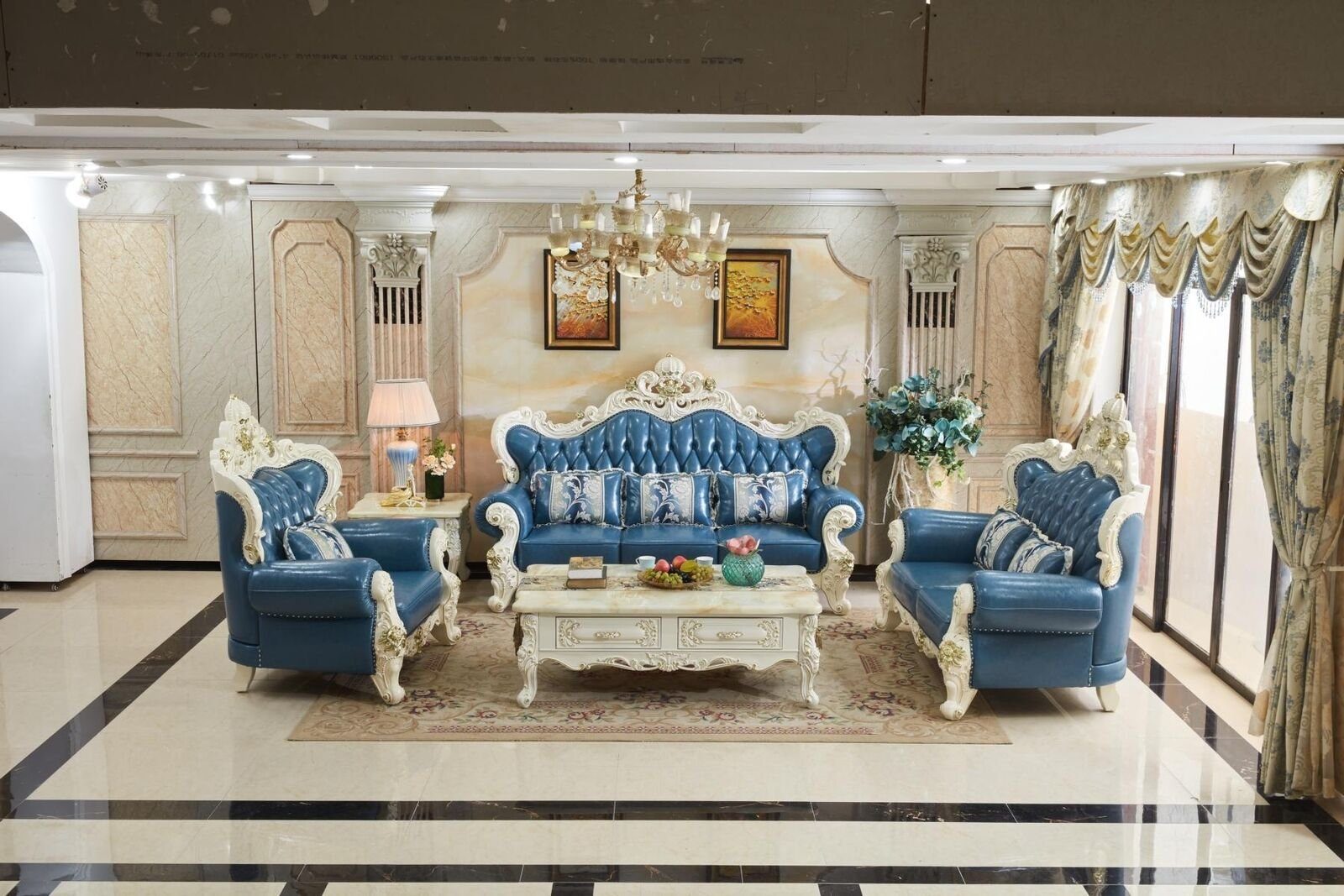 Teile Couch, + Wohnzimmer 2 Sofa + 3 3 1 Sitz Blaue Sofagarnitur JVmoebel Set