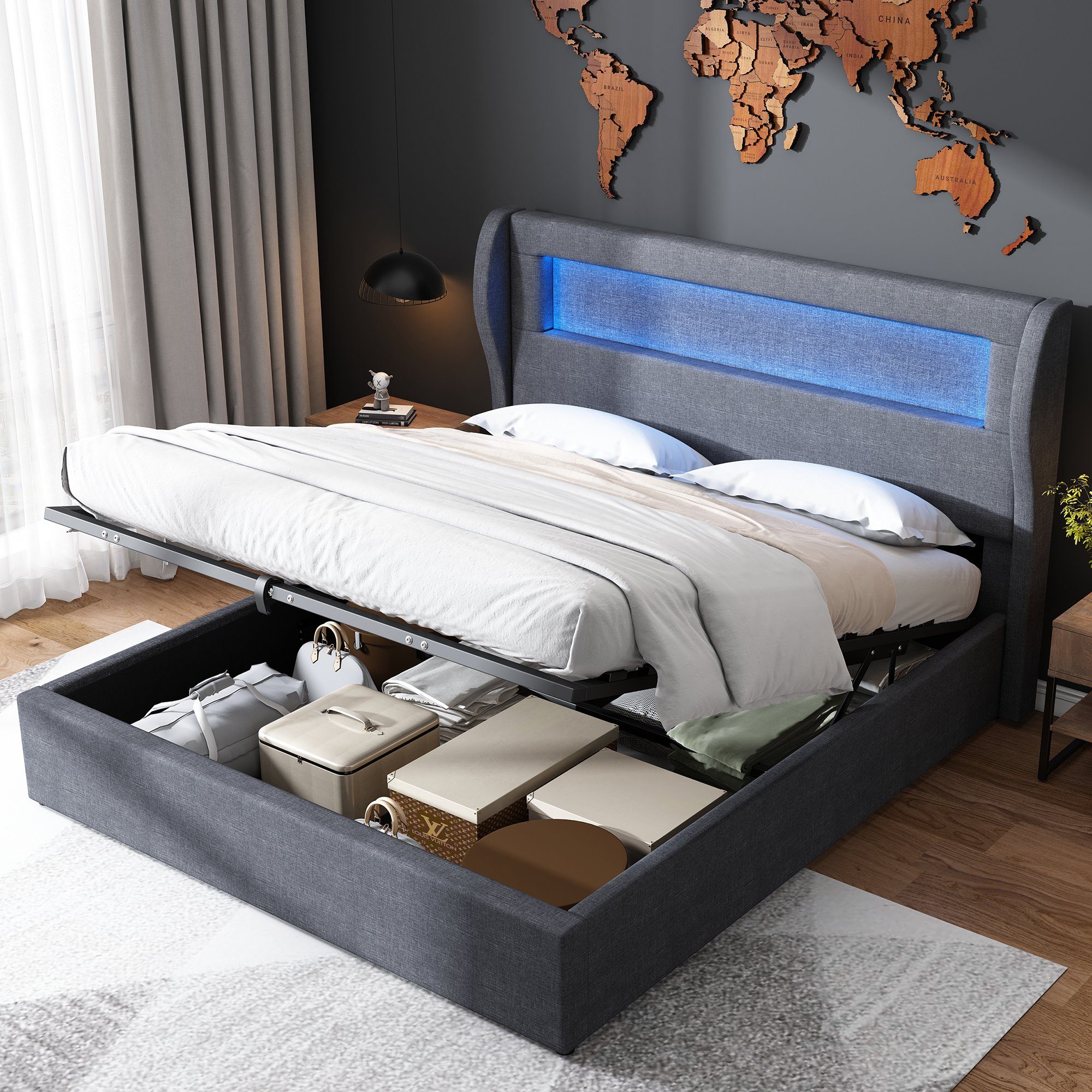Boxspringbett (Doppelbett 140 x 200 cm mit LED Beleuchtung, Leinen), Polsterbett Hydraulisches Funktionsbett mit Lattenrost und Bettkasten