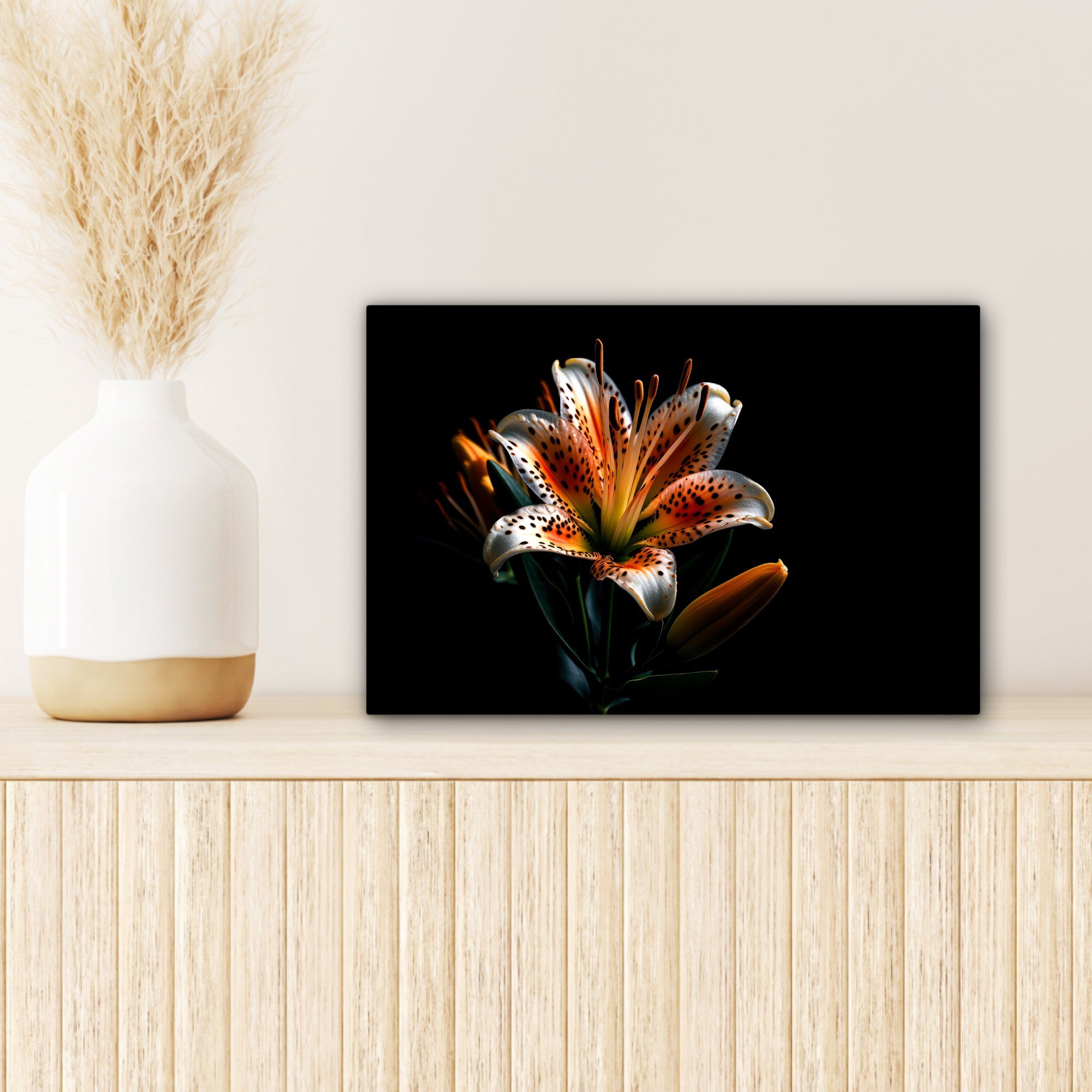 OneMillionCanvasses® Leinwandbild Blumen - Lilie - (1 Schwarz, Wanddeko, Porträt 30x20 cm - St), Wandbild Aufhängefertig, Orange - Leinwandbilder