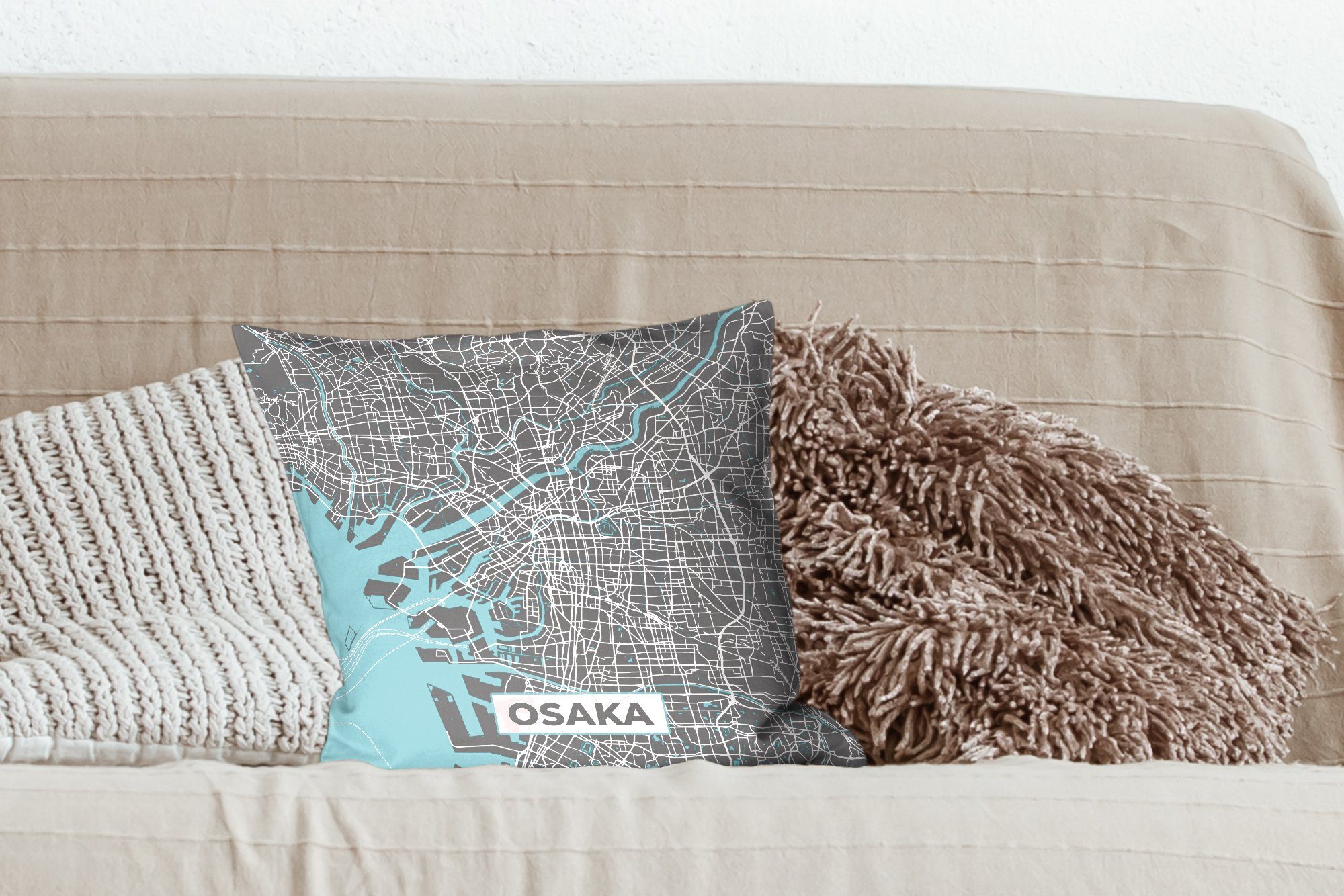 Wohzimmer, Dekokissen mit Zierkissen - Osaka Deko, Blau - Füllung MuchoWow Karte Schlafzimmer, - für Stadtplan, Sofakissen
