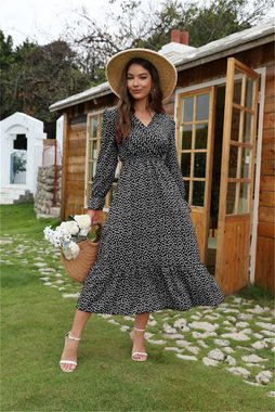 RUZU UG Dirndl Kleid mit Polka-Dot-Print und elegantem V-Ausschnitt für den Urlaub