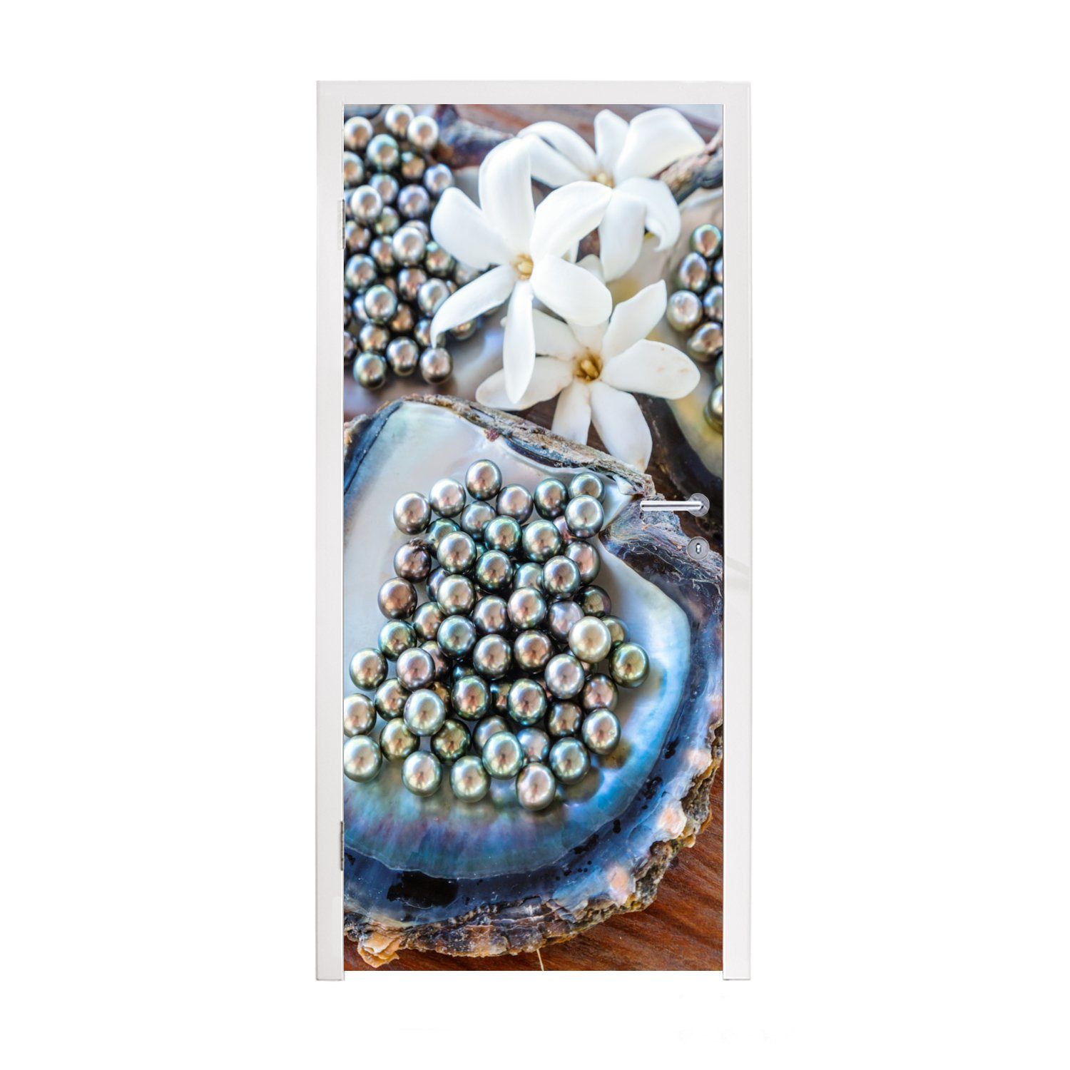 MuchoWow Türtapete Weiße Blumen zwischen Austern mit schwarzen Perlen, Matt, bedruckt, (1 St), Fototapete für Tür, Türaufkleber, 75x205 cm