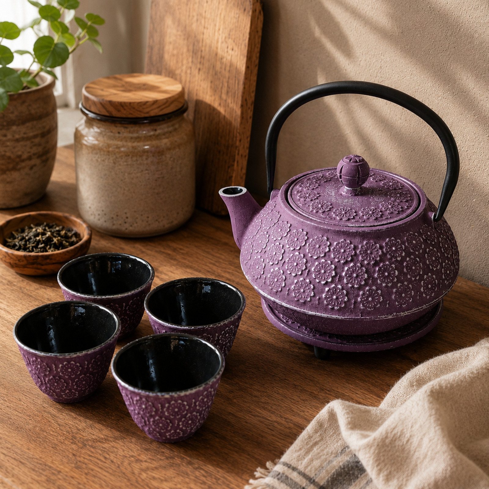AROMELIO Wasserkocher Gusseiserner Teekessel mit Sieb, Tassen und Untersetzer HANU, 1 l