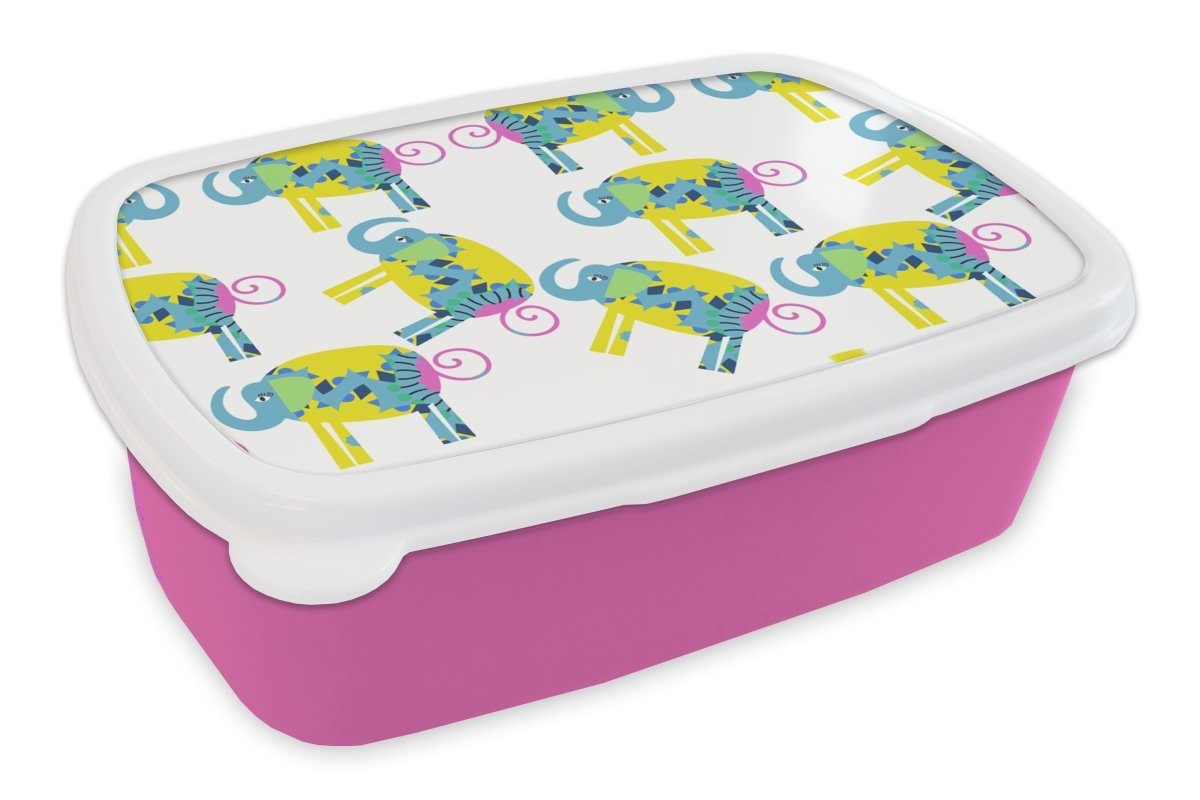 MuchoWow Lunchbox Elefant - Gelb - Ornament - Muster, Kunststoff, (2-tlg), Brotbox für Erwachsene, Brotdose Kinder, Snackbox, Mädchen, Kunststoff rosa | Lunchboxen