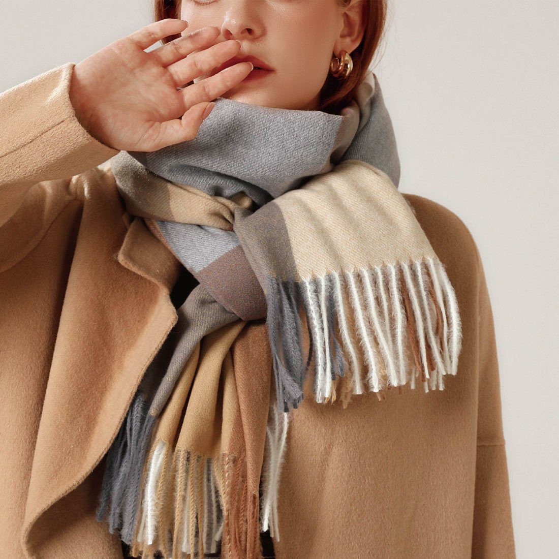 DÖRÖY Modeschal Schal Damen Schal, Vintage gestreiften Winter Warm quadratischen khaki