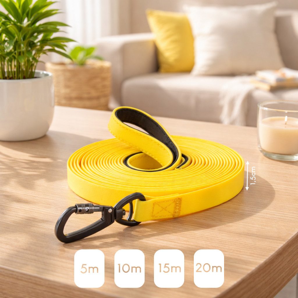 belviona Leine für Hunde, Schleppleine wasserfest, Trainingsleine 5 m, signalgelb, PVC & Neopren (1-tlg), mit PVC-Beschichtung & Neopren-Handschlaufe, pflegeleicht & robust
