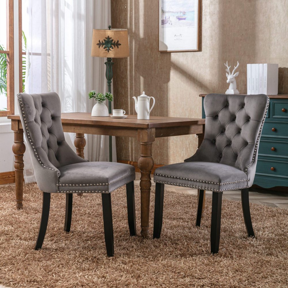 BBG Esszimmerstuhl 2er Set Esszimmerstühle Samt Chesterfield, bis 130 kg, French Style (Polsterstühle mit Knopfheftung & Ziernieten, Massivholz Rubberwood, 2 St), Hochlehner Dining Stuhl gepolstert
