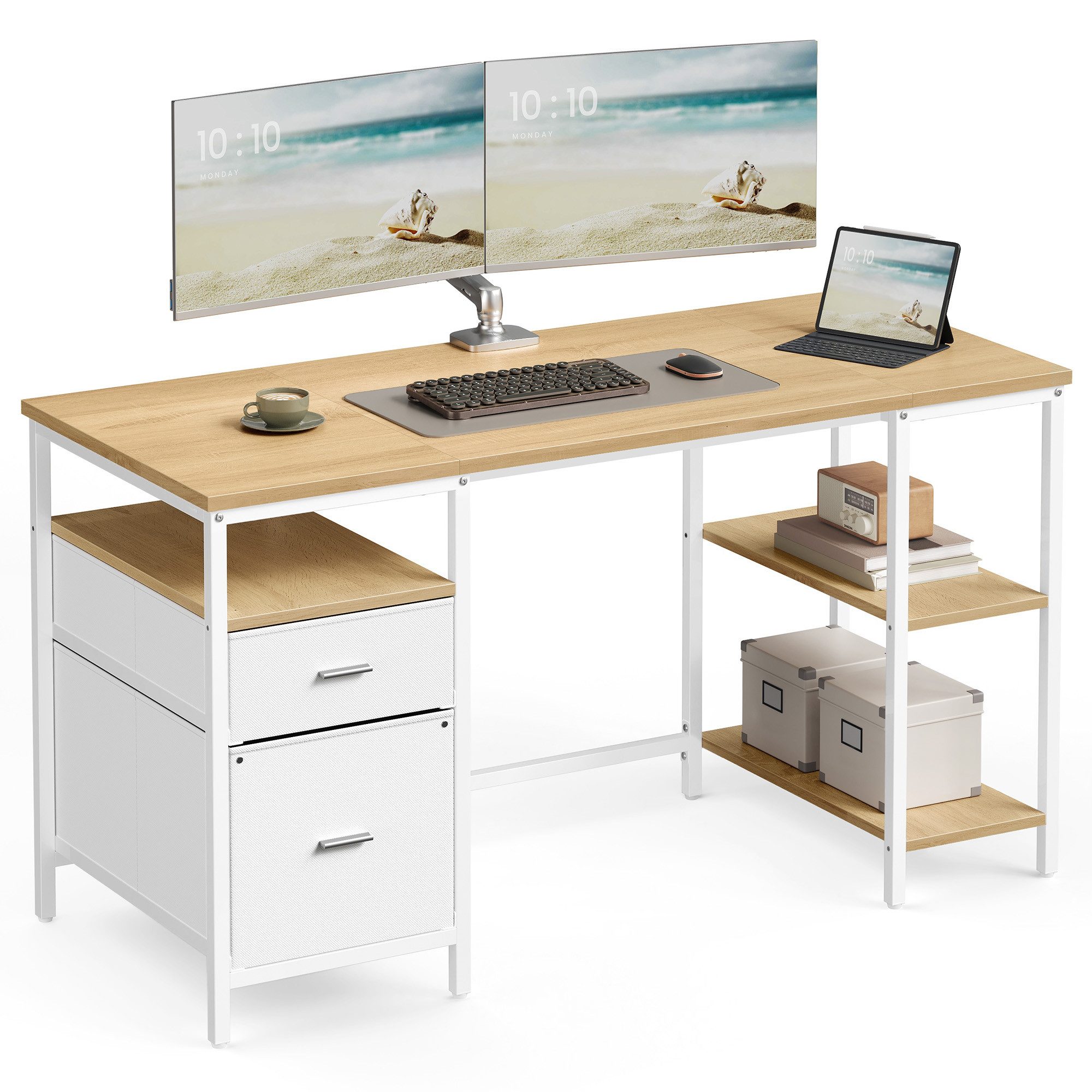 VASAGLE Schreibtisch Computertisch, Bürotisch, mit 3 Ablagen, 2 Schubladen, 140/160 cm