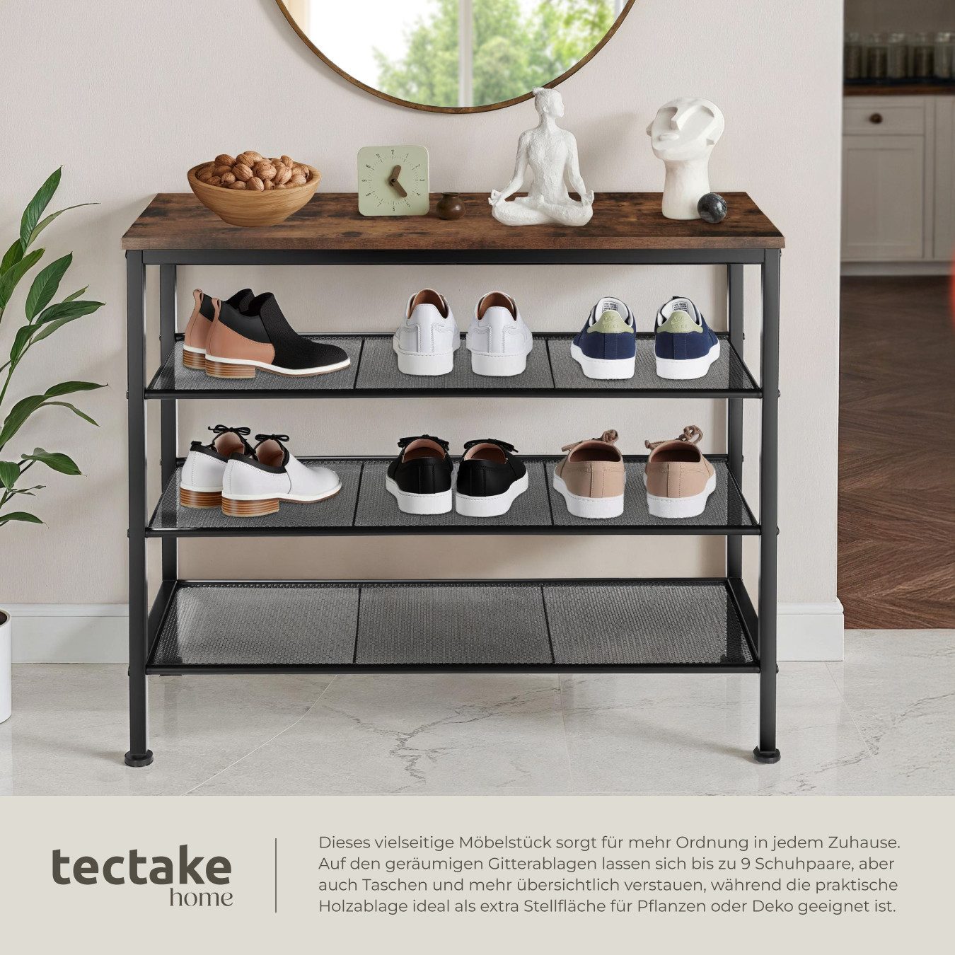tectake Schuhregal Flurregal aus Holz und Stahl, 80,5 x 30,5 x 72,5 cm, Schuhablage mit Gitterablagen Newport 1-tlg., Ablage und 3 Gitterablagen, mit höhenverst – Bild 4 von 5
