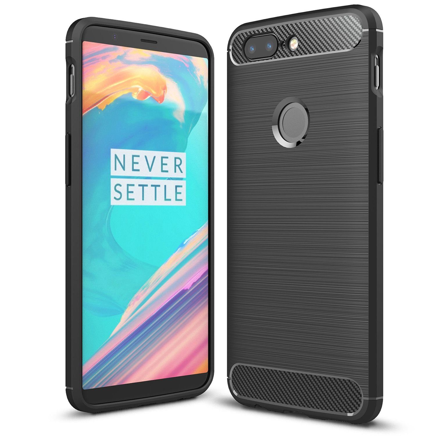 Nalia Smartphone-Hülle OnePlus 5T, Carbon Look Silikon Hülle / Matt Schwarz / Rutschfest / Karbon Optik