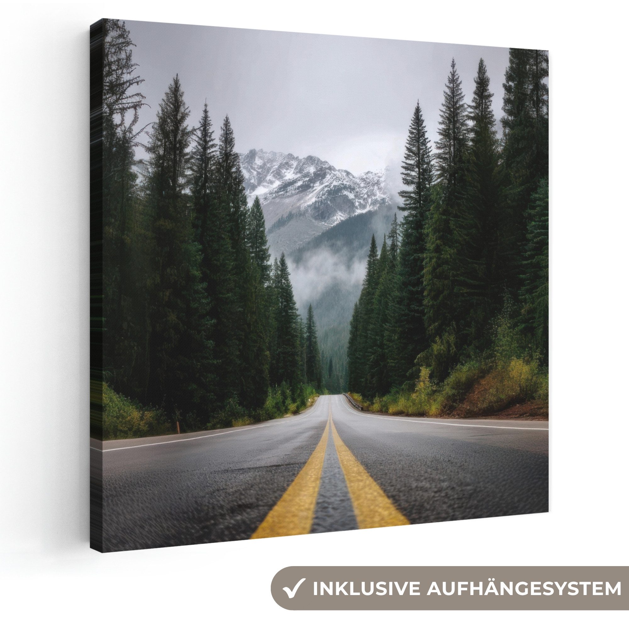 OneMillionCanvasses® Leinwandbild Fichtenwald - Straße - Berge - Schnee, Fotodruck (1 St), Wandbild, Deko Schlafzimmer Wohnzimmer Flur 20x20 cm