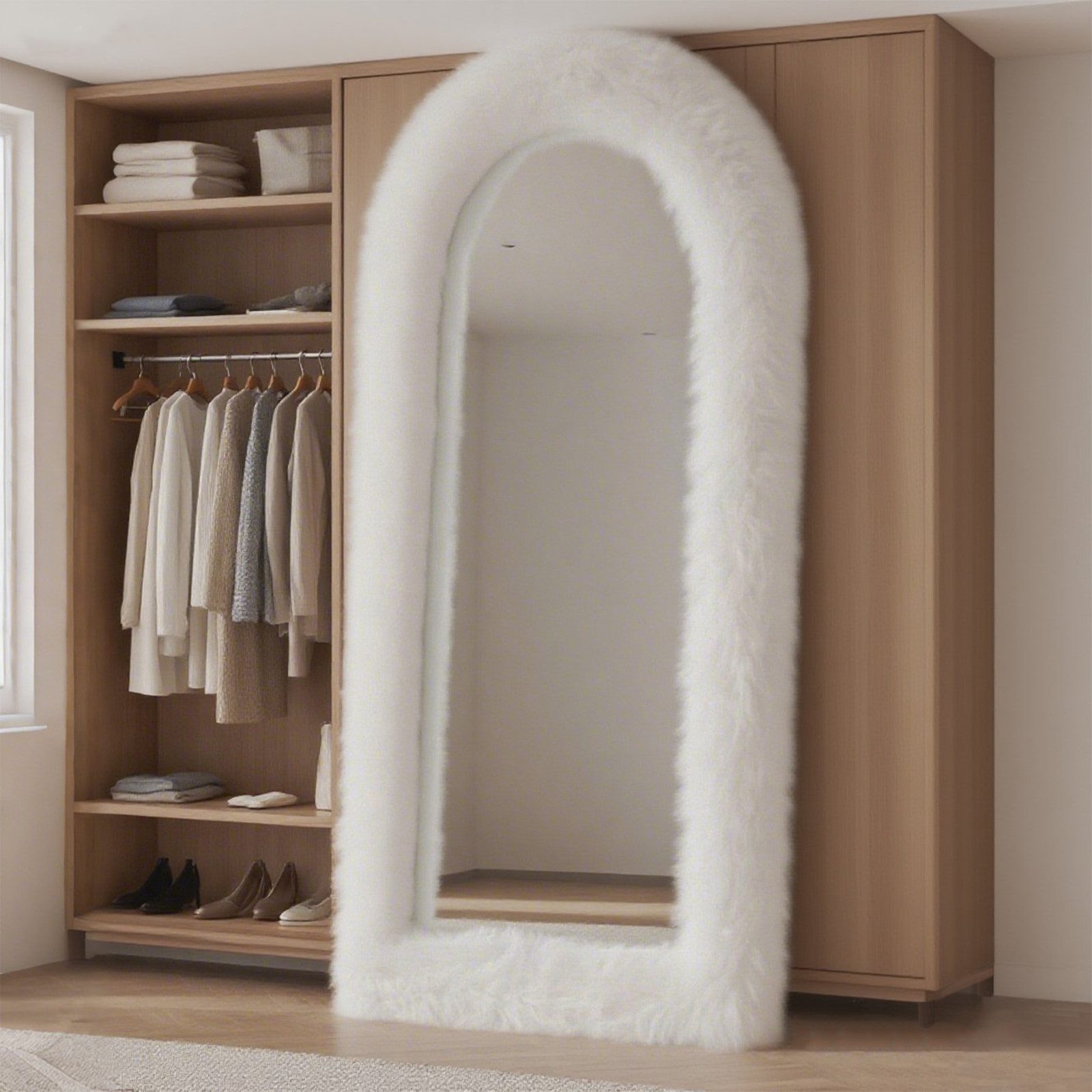 ZMH Ganzkörperspiegel Extra hoher Standspiegel 160cm Dekospiegel mit weißem Plüschrahmen, Flauschiger Plüschrahmen, E0-Holz, hochwertiger Aluminiumspiegel