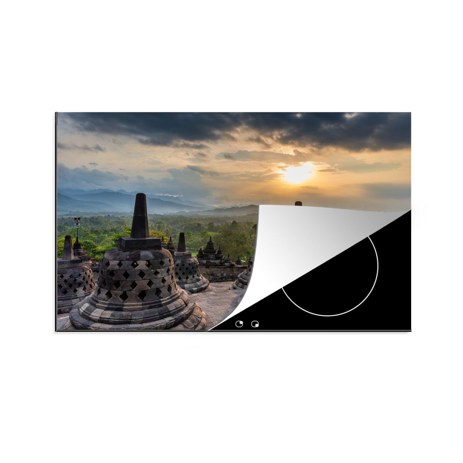 MuchoWow Herdblende-/Abdeckplatte Sonnenuntergang über den grünen Bäumen am Borobudur, Vinyl, (1 tlg), 81x52 cm, Induktionskochfeld Schutz für die küche, Ceranfeldabdeckung