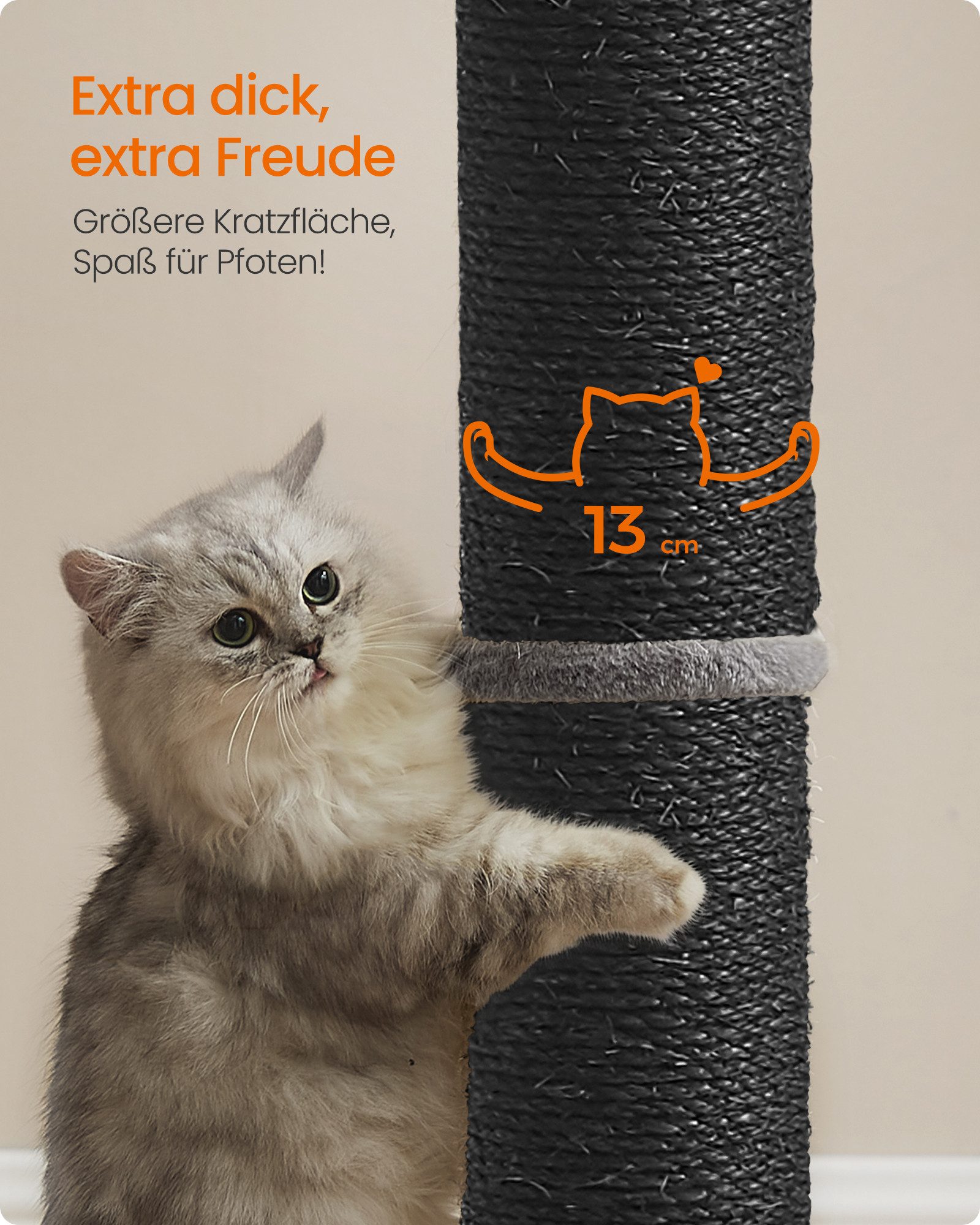 FEANDREA Kratzbaum 85 cm hoch, Katzenbaum, Sisalstamm, mit Plüschball und Glocke, XL, 13 cm dicker Stamm, Kratzstamm für mittelgroße und große Katzen