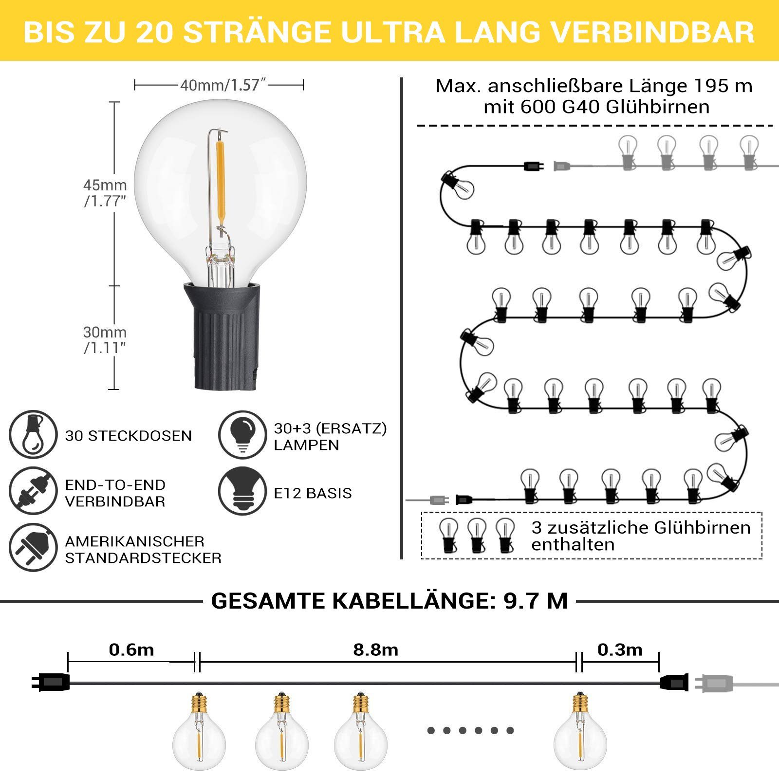 Elegear LED-Lichterkette Außen Glühbirnen, Lichterkette G45 Max.195M IP65 Garten für 30+3 9.8m Storm