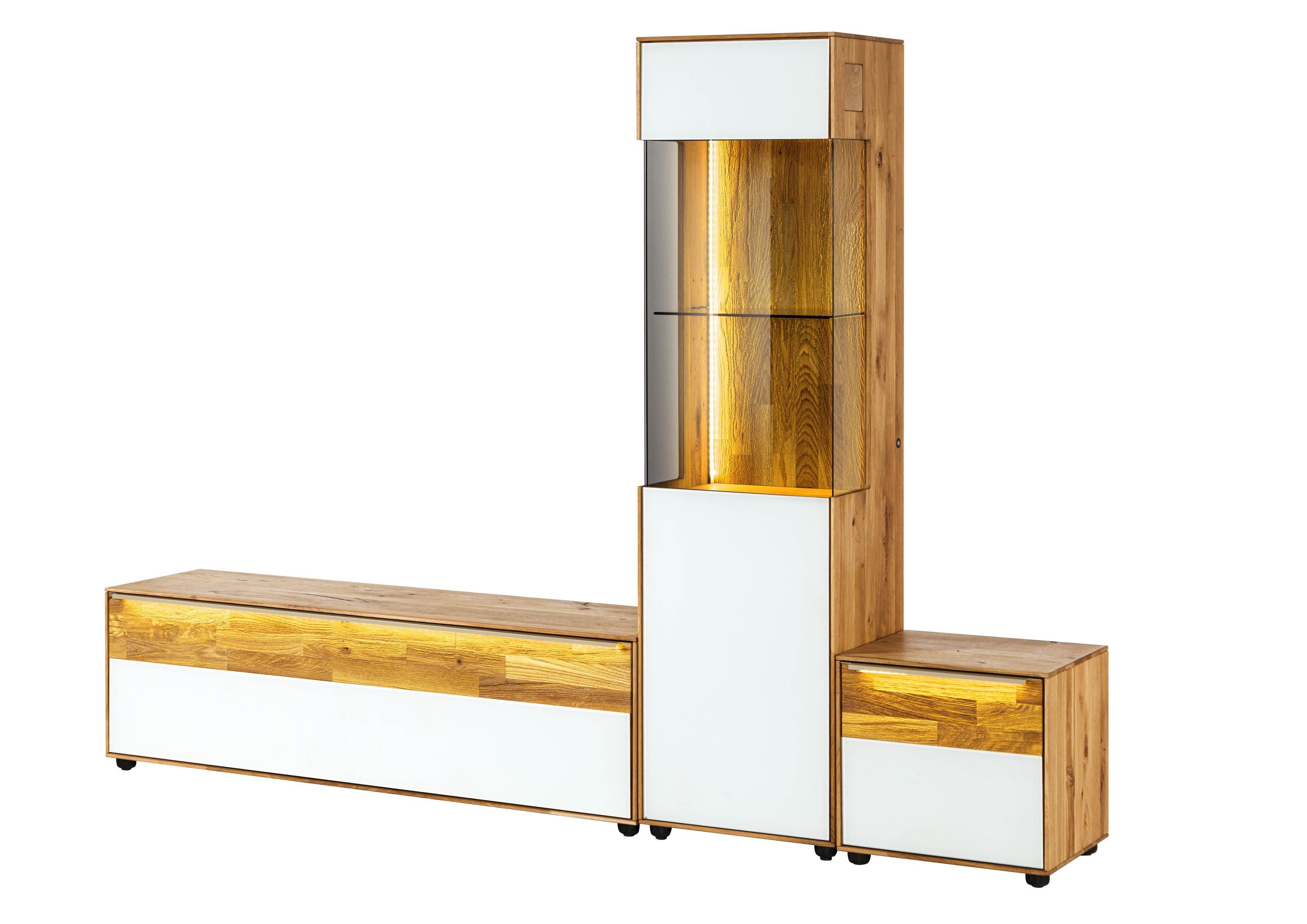 Massivmoebel24 Wohnwand WIEN, (Wildeiche 230x38x168 natur geölt / Glas weiß WIEN #146), Wildeiche 230x38x168 natur geölt / Glas weiß WIEN #146