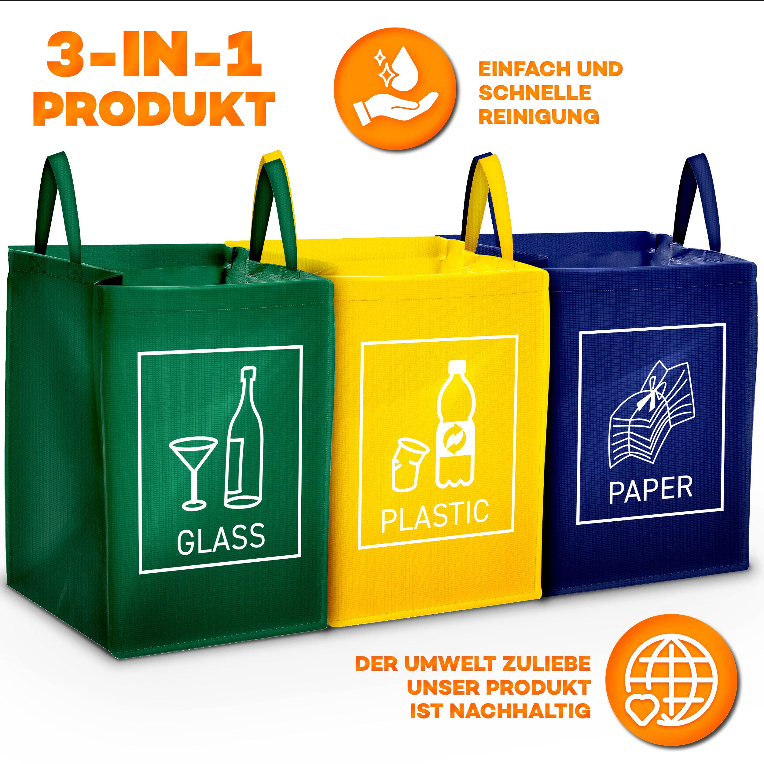TRESKO Mülltrennsystem 3er Set Recycling Englisch Mülltrenner Mülleimer Trennsystem