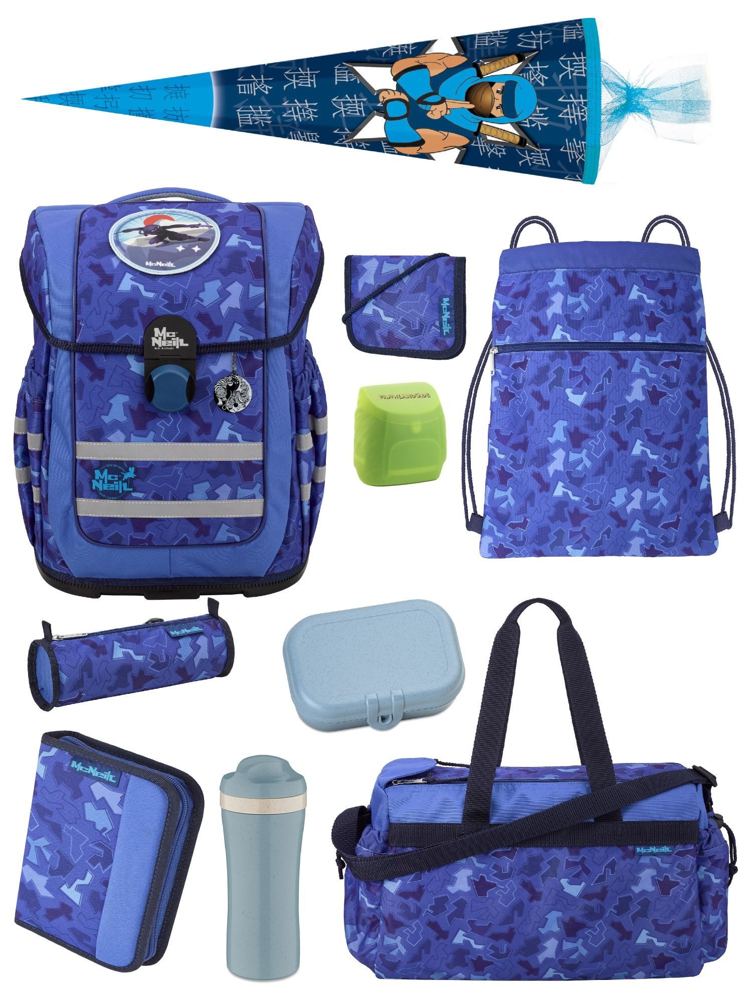 McNeill Schulranzen Ergo Complete "Puzzle" Ninja Schultasche Blau ab der 1. Klasse (Set, 10-tlg., inkl. Sporttasche und Ninja Schultüte / Zuckertüte), ergonomisch, mit Brustgurt, höhenverstellbar - wächst mit dem Kind mit