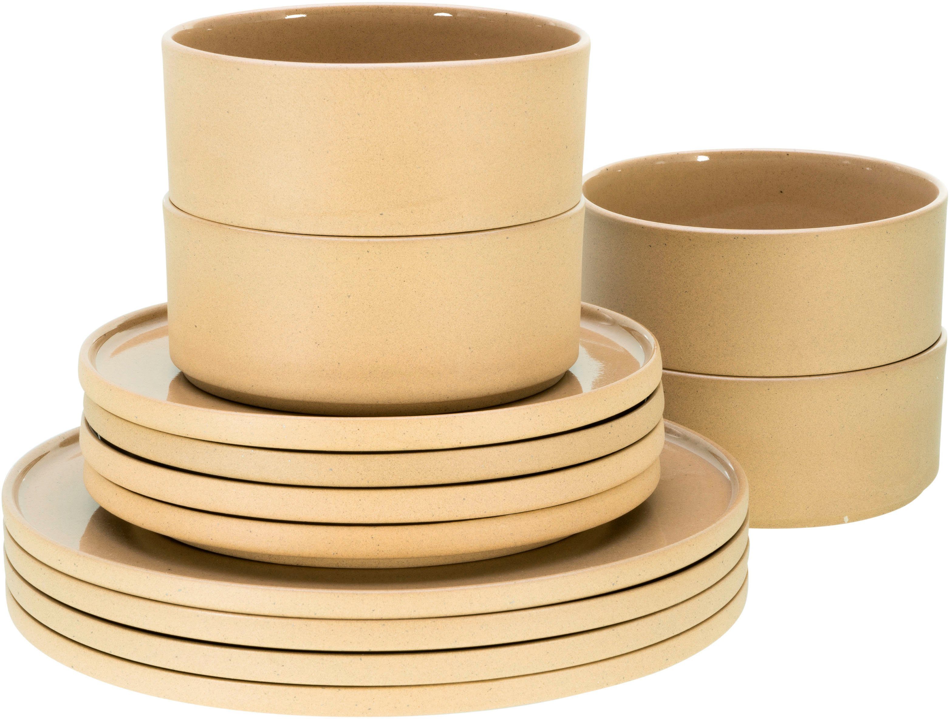 CreaTable Tafelservice Teller Set, Futuro (12-tlg), 4 Personen, Steinzeug, Service, je 4 Speiseteller 26 cm, Dessertteller 20 cm, Schalen 14 cm