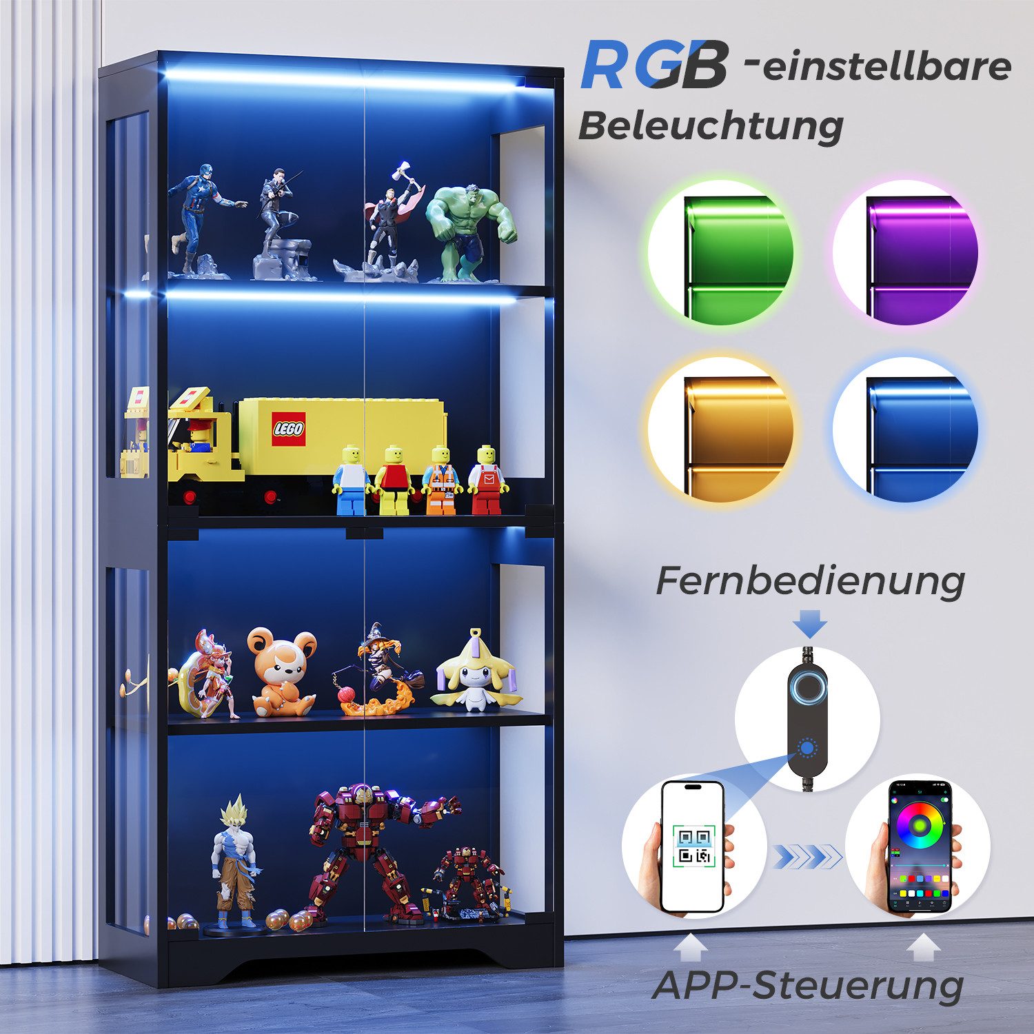 HOMALL Glasvitrine mit RGB-LED-Beleuchtung Standvitrinen, vitrine Wohnzimmer (165*80*35 cm große multifunktionale Vitrine mit App-/manueller Beleuchtungssteuerung, vier Ebenen mit doppelten Türen und unabhängigen Glasvitrinen sowie einer Gesamtbelastbarkeit von bis zu 100 kg)
